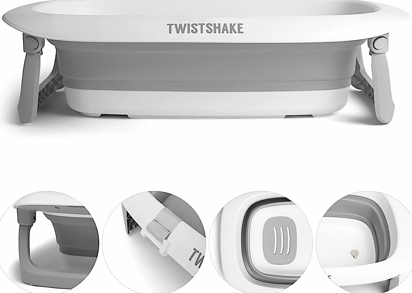 Twistshake Składana i Antypoślizgowa wanna dla Niemowląt | Ergonomiczny Składany i Bezpieczny | Przenośna wanna dla Niemowląt | Wanna Prysznicowa dla Maluchów | 0+ | Pojemność: 30L | Szaro-Biały