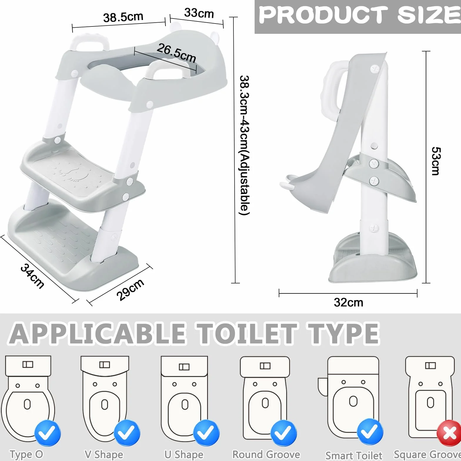 FAMKEEP Adapter toalety dla dzieci, przenośny reduktor nocnik Toaleta łazienkowa z drabiną, adapter toalety dla dzieci, regulowany, składany, wyściełana poduszka PU, antypoślizgowa, do toalet w kształcie litery V, U lub O
