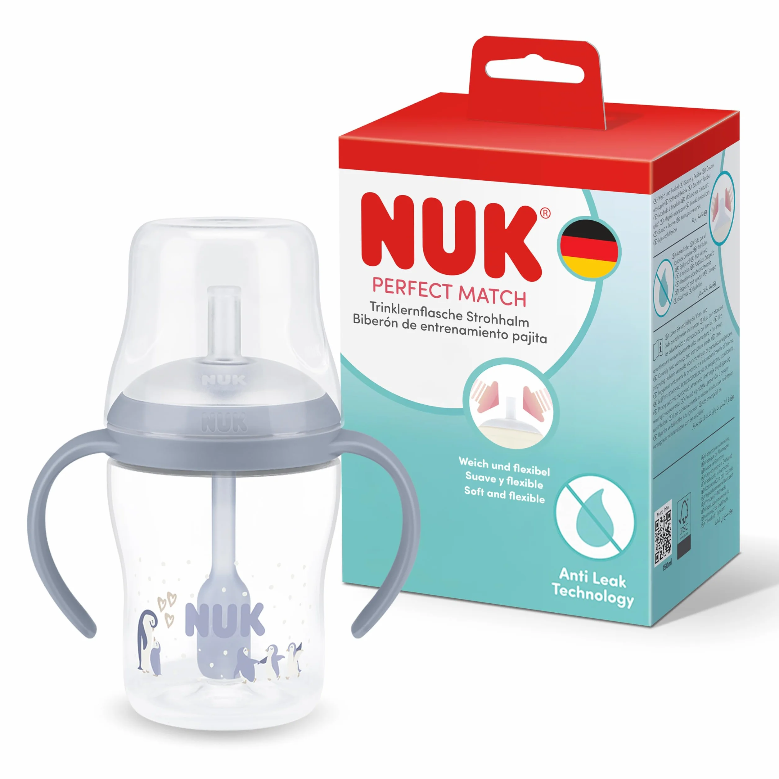 NUK Perfect Match Learner Butelka ze słomką | 8+ miesięcy | 150 ml | Nieprzeciekająca kubek ze słomką dla niemowląt | Antypoślizgowe uchwyty | Pingwin | 1 sztuka