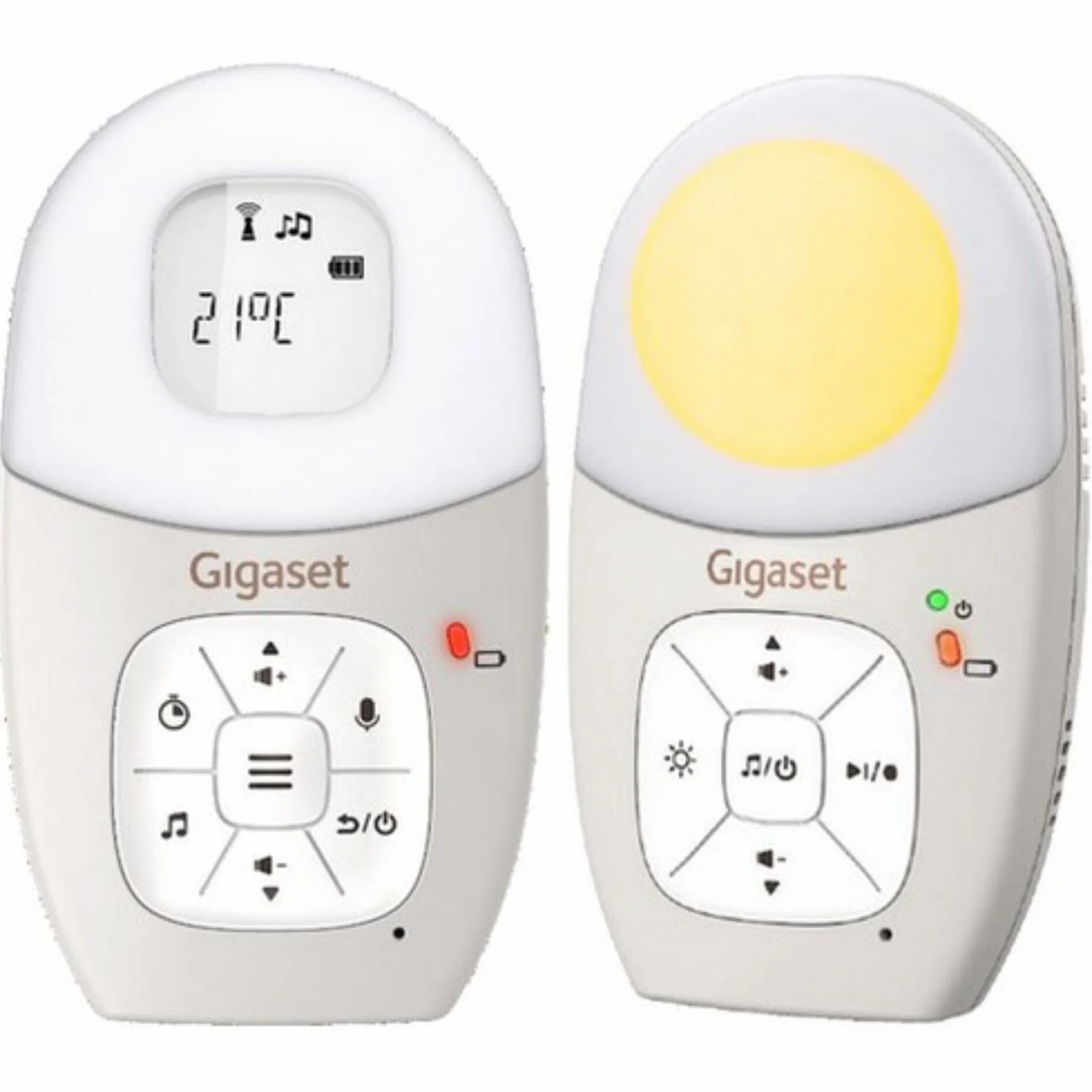 Gigaset Baby 100 Audio – niania elektroniczna z technologią DECT – bezpieczna dwukierunkowa komunikacja – zasięg 300 m – timer karmienia – czujnik temperatury – lampka nocna – 3-stopniowy wskaźnik