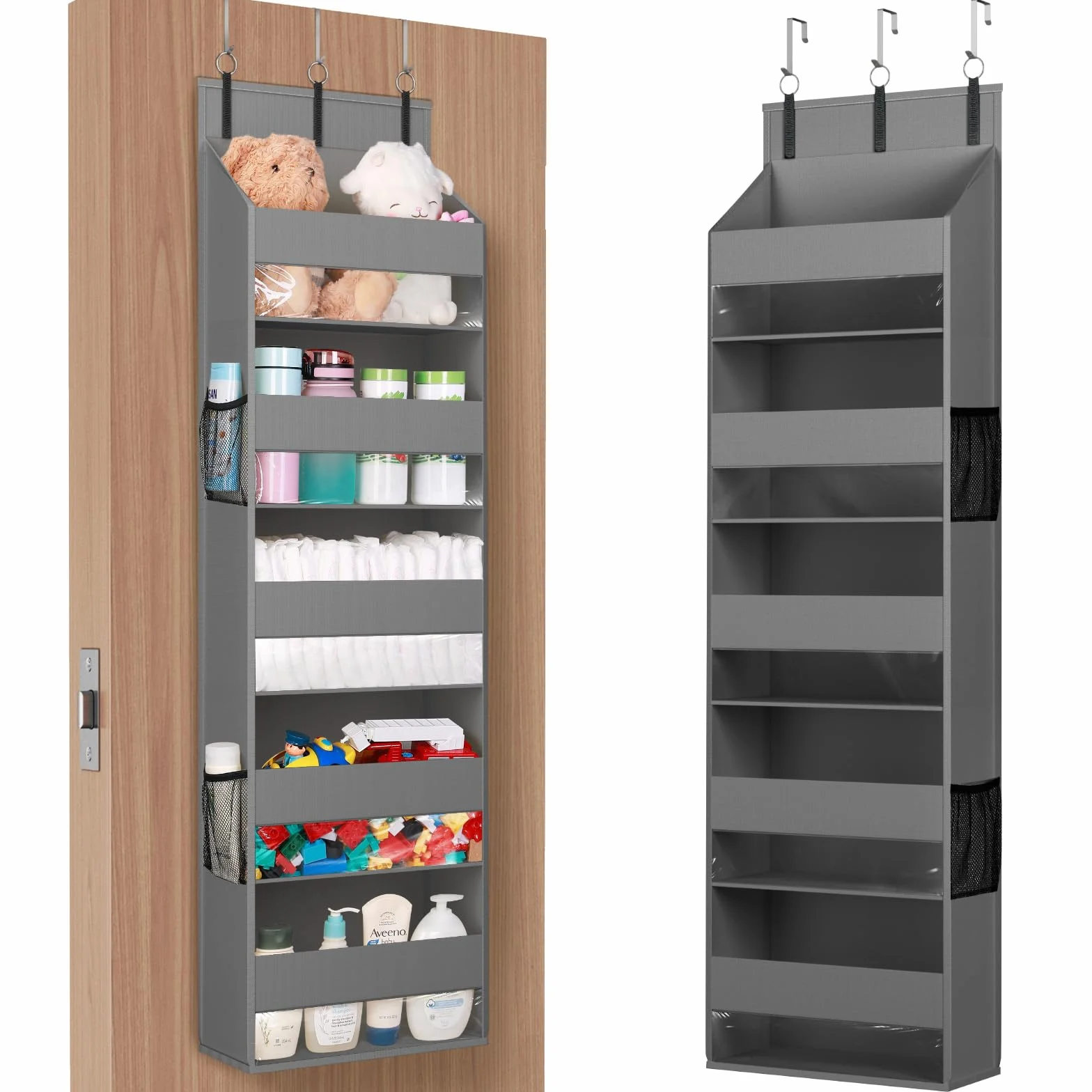 Lifewit 5-półkowy organizator nad drzwiami, przechowywanie wiszące z 4 kieszeniami bocznymi z siatką, anty-wywracanie, obciążenie 18 kg, do spiżarni/przedszkola/sypialni/dormitorium, 1 opakowanie