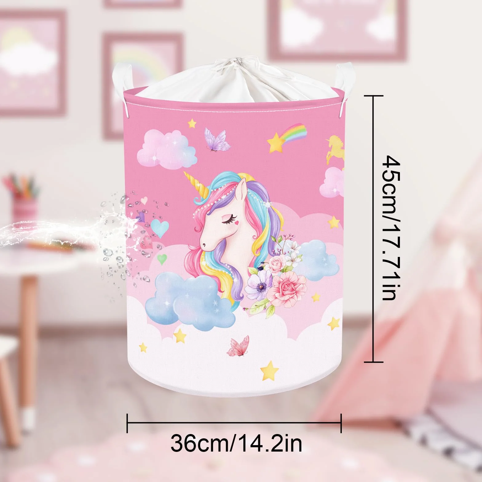Clastyle 45L Kosze Pościel Jednorożec Rainbow Chmura Księżyc Gwiazdy Kwiat Kosz Zabawki Różowy Okrągły Okrągły Składany do Pokoju Dziecięcego, 36x45 cm, CTS0186