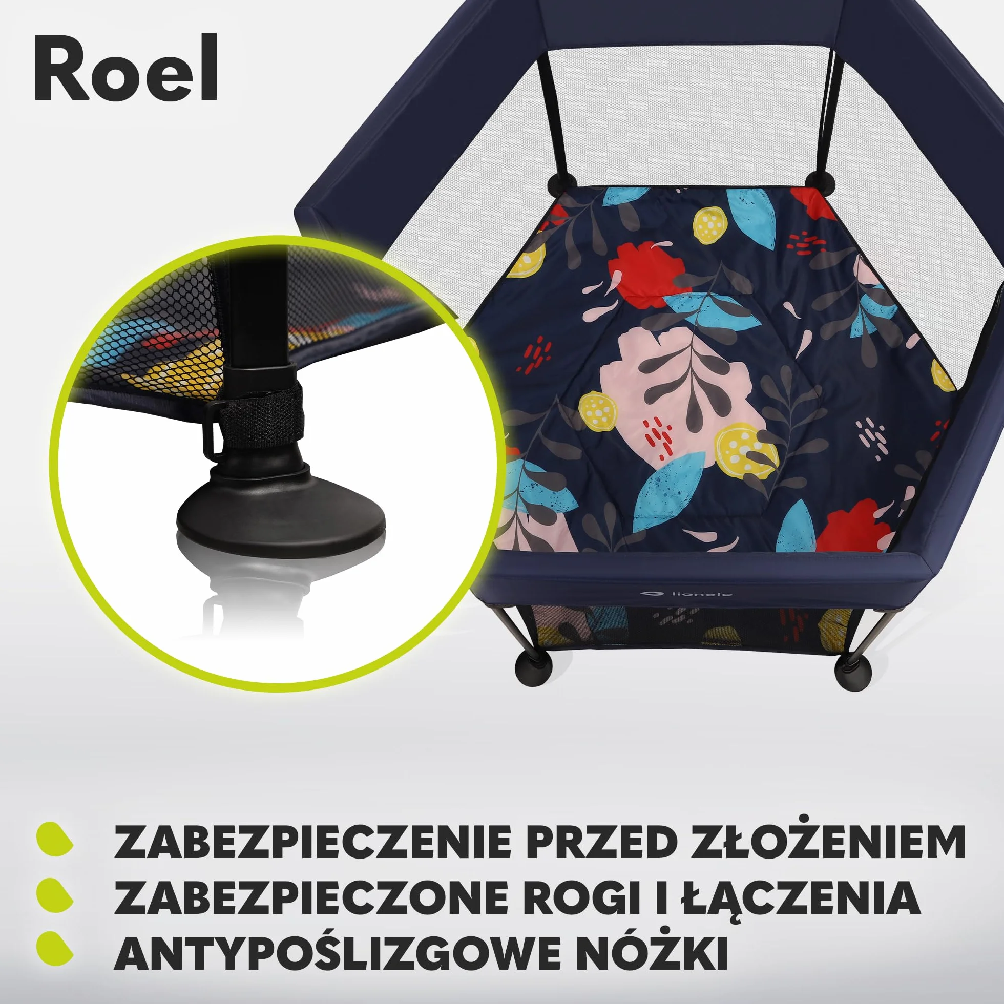 LIONELO Roel kojec dla dzieci do 15 kg, duży format 118 x 118 x 83 cm, sześciokątny kształt, LockGuard, zapięcie składane, wzmocniona podstawa, antypoślizgowe stopki, torba ochronna