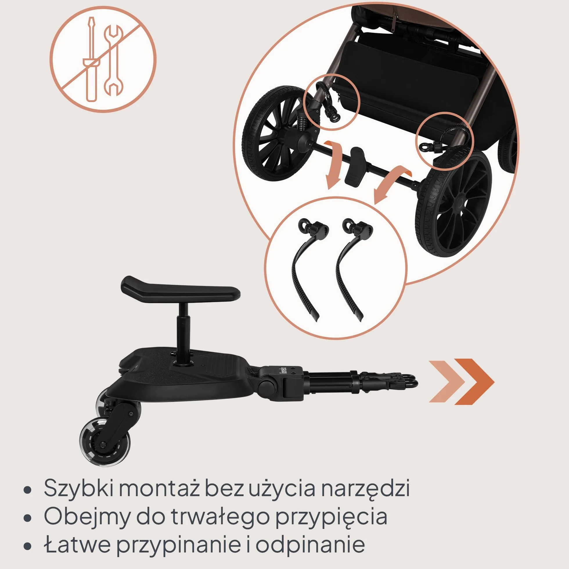 LIONELO Deska do wózka dziecięcego 2 w 1, ze zdejmowanym siedziskiem, uniwersalne dopasowanie, amortyzacja uderzeń, koła LED, do 25 kg, dla dzieci w wieku 2-5 lat