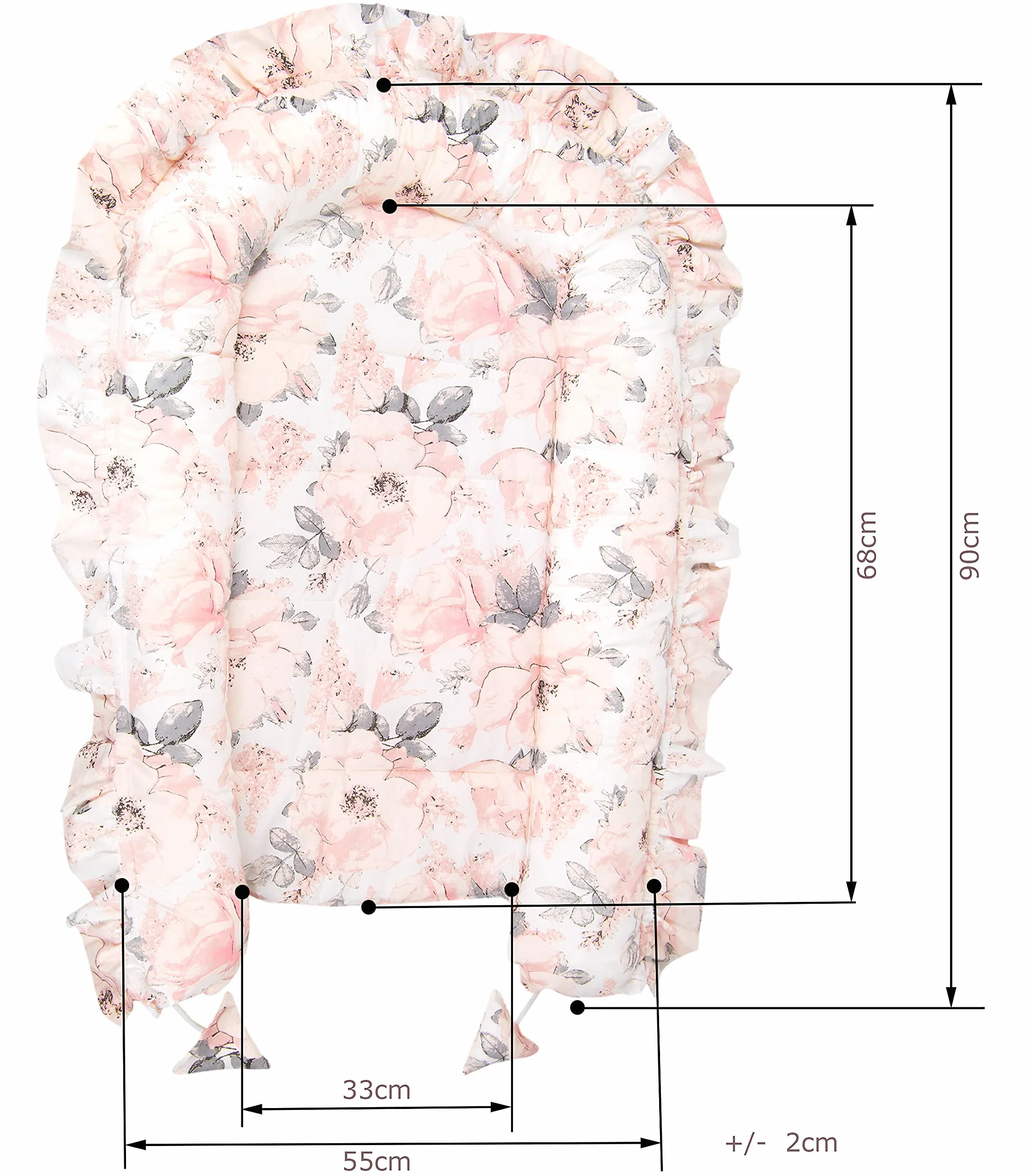 PIMKO Gniazdo niemowlęce z falbankami, gniazdo dla niemowląt, kokon dla niemowląt i noworodków, 100% bawełna, odpowiednie do domu, 55 x 90 cm (kwiat)