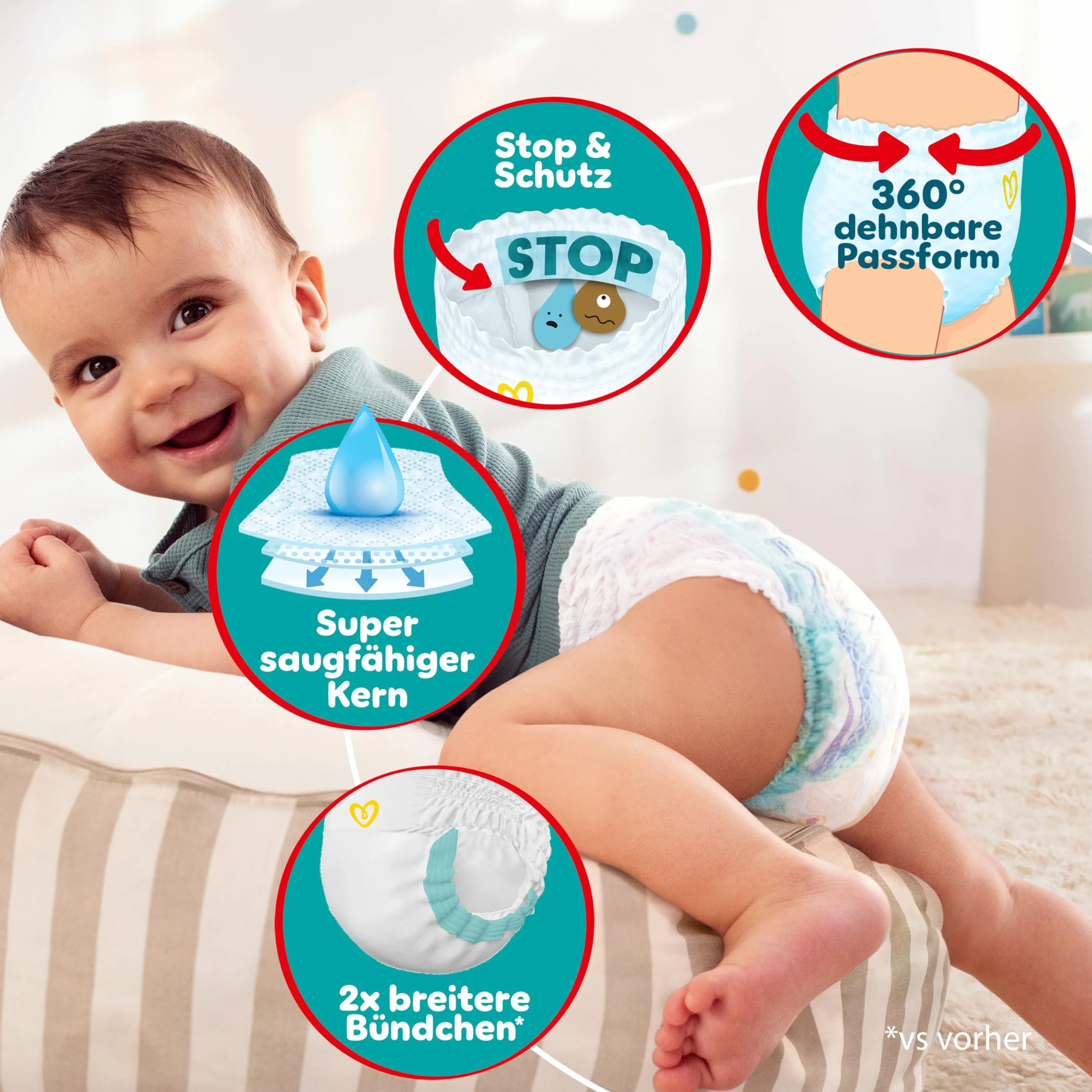 Pampers Spodnie Baby-Dry. Rozmiar 6, 138 pieluch, 14-19 kg, 360° Zabezpieczenie przed wyciekiem z kieszenią Stop & Protect na noc do 100% bez wycieków, opakowanie 1 miesiąc