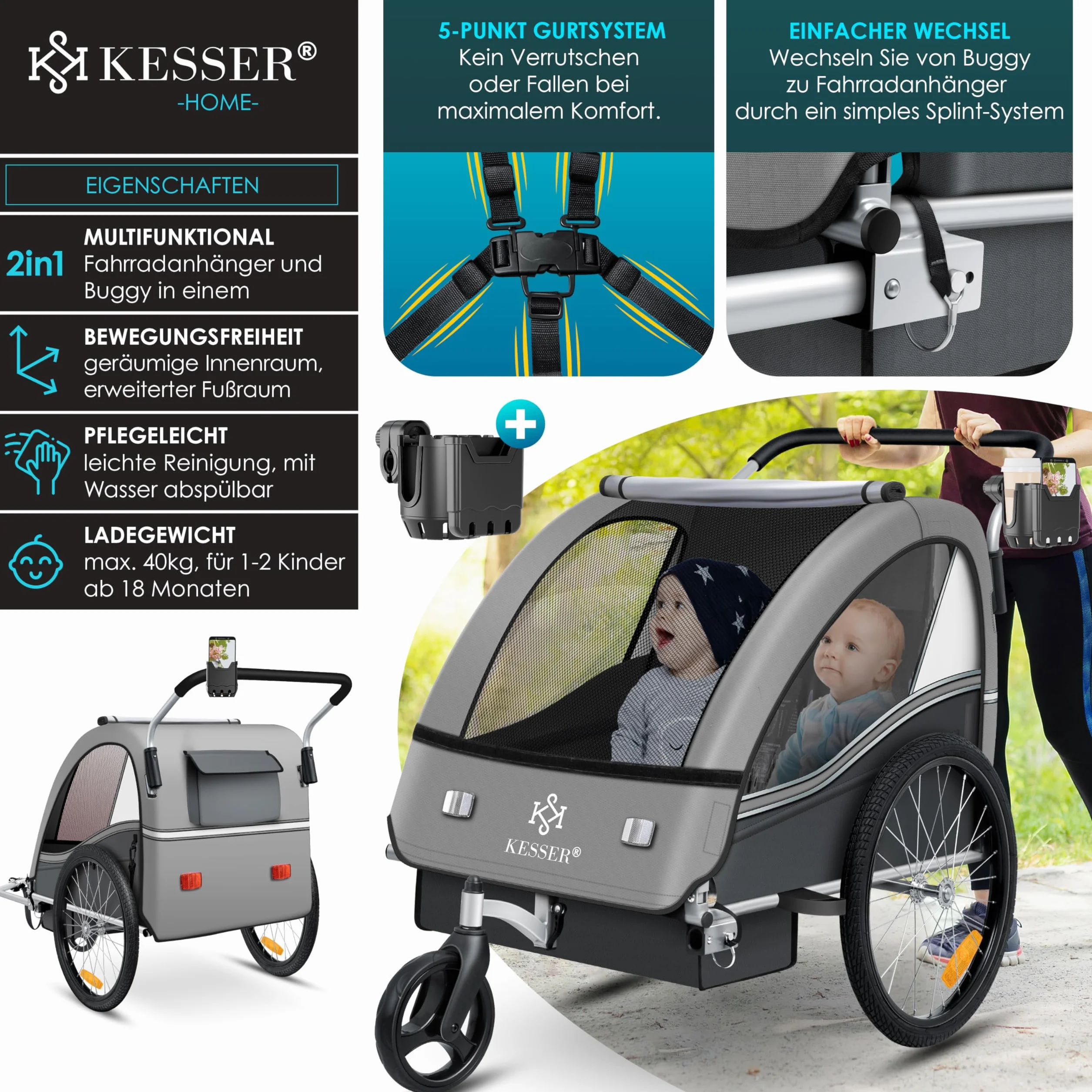 KESSER® Sport-RX 2 w 1 Przyczepka rowerowa dla dzieci, z funkcją jogger, 5-punktowy pas bezpieczeństwa, przednie koło obracane o 360º, spacerówka, dla 1-2 dzieci, maks. 40 kg