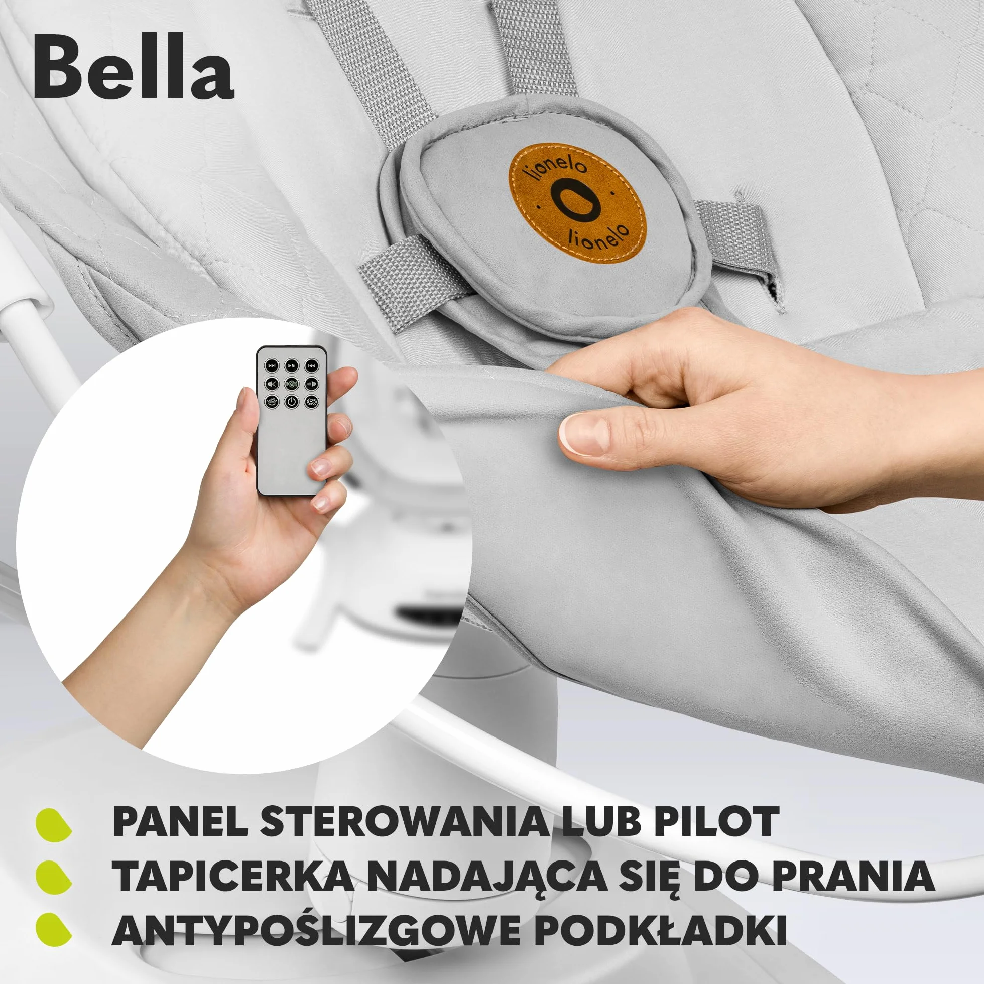 LIONELO Bella Elektryczny Obrotowy Bujaczek 360 dla Niemowląt do 9 kg Regulacja Oparcia, 5 Prędkości Bujania Pasy Bezpieczeństwa Wykrywanie Ruchu Antypoślizgowy, 12 Melodii Pilot