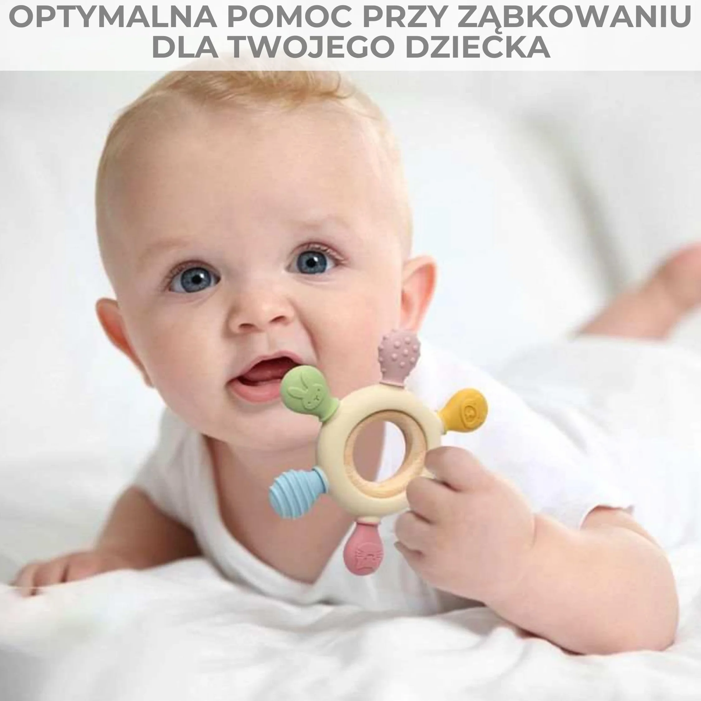 CAJA gryzak niemowlęcy silikonowy i drewniany bez BPA zabawka sensoryczna na ząbkowanie bezpieczny prezent z motywem zwierząt dla chłopca i dziewczynki łatwy do trzymania przez dziecko