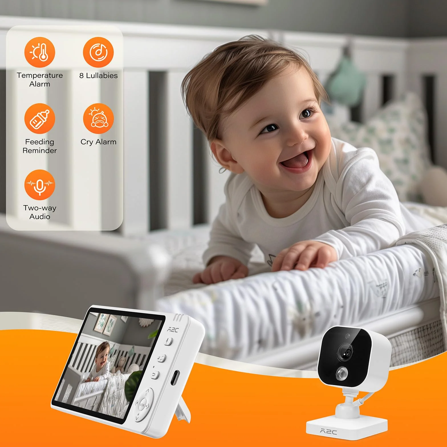 APPS2Car Elektroniczna niania 2 w 1, 5''1080p, kamera na tylne siedzenie, monitor dziecka z 2-drożnym dźwiękiem, widoczność w nocy na podczerwień, kontrola temperatury, łatwa instalacja, elektroniczna