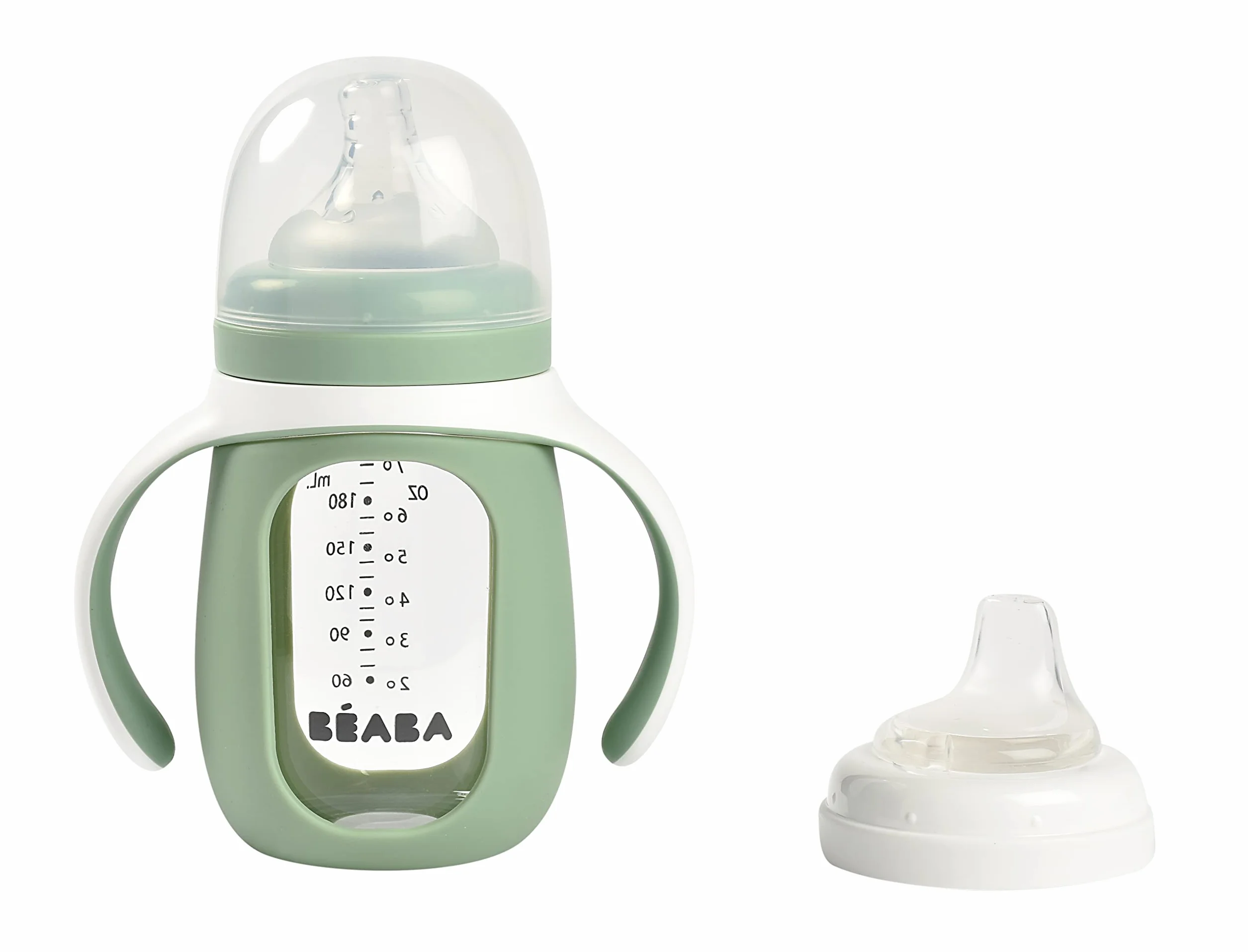 BÉABA, kubek do nauki 2 w 1, szkło, silikonowa obudowa, mocna, zdrowa, 100% wodoodporna, zdejmowane uchwyty, 210ml, szałwia zielona
