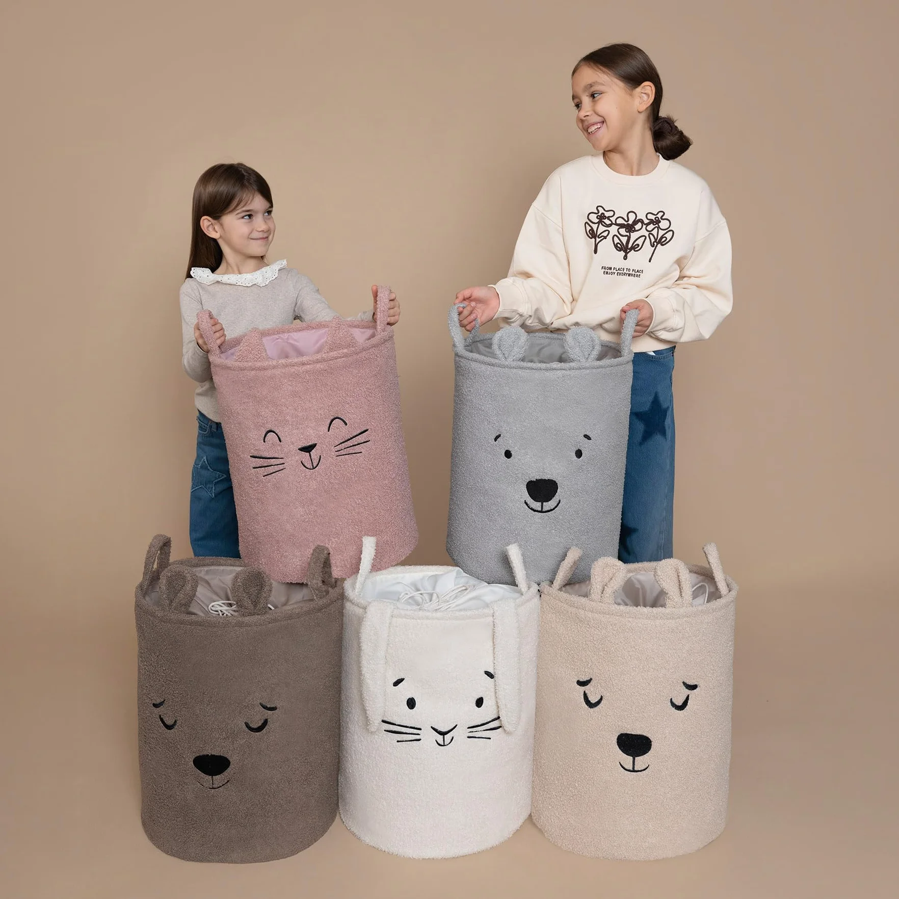 SIPO Organizer Do Przechowywania Zabawek XL Pojemny Kosz na Zabawki Motyw Zwierzęcy Beżowy Miś Dla Dzieci Do Pokoju Dziecięcego Premium Boucle Pluszowy Zamykany Ściągaczem 43L