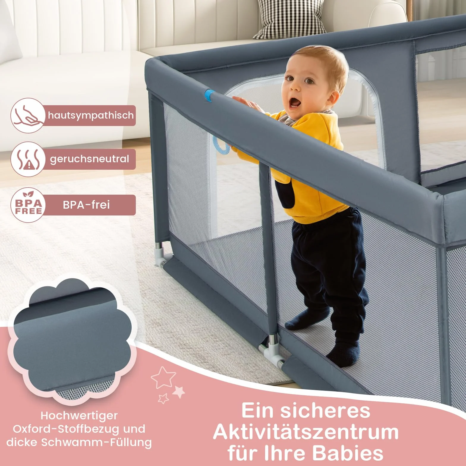 COSTWAY Kojec dla niemowląt 200 x 180 cm, składany, z 50 piłkami oceanicznymi i 4 uchwytami, kratka do raczkowania z oddychającą siatką i drzwiami