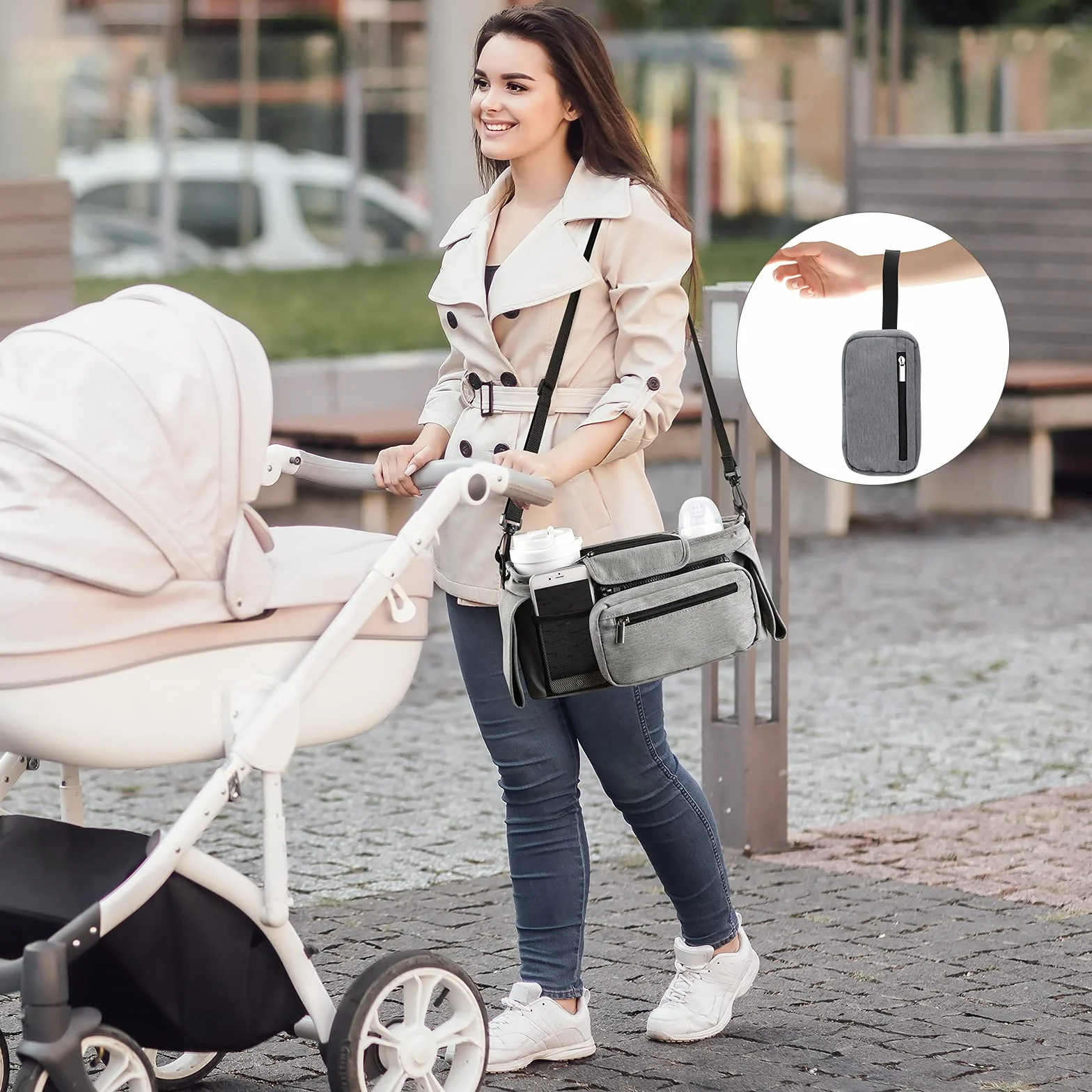 Momcozy Organizer do wózka dziecięcego, wielofunkcyjny, z odpinaną kieszenią, kieszenią na telefon komórkowy, 2 uchwyty na kubki i pasek na ramię, organizer do wózka dziecięcego