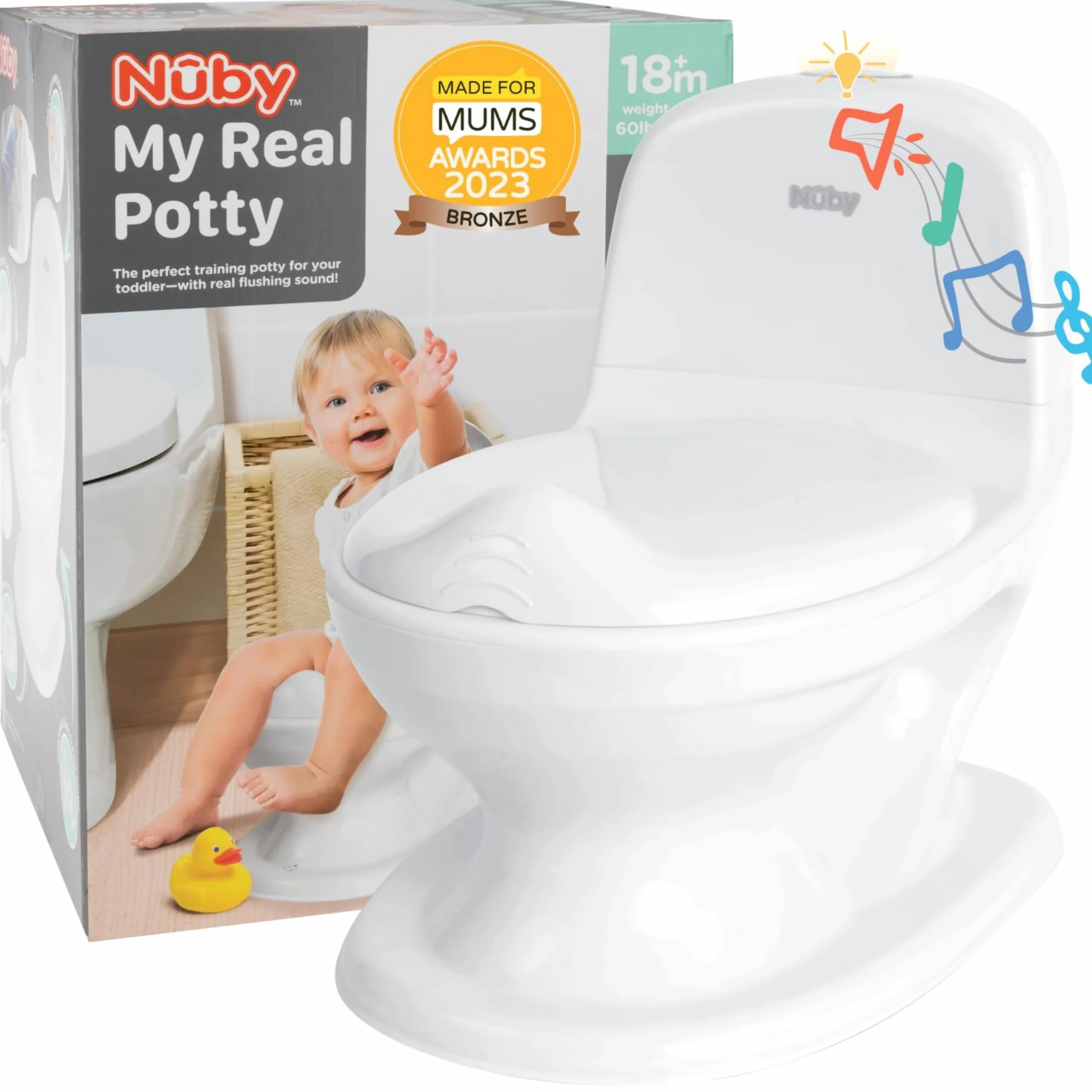 Nuby Dr. Talbot's - My Real Potty - Dziecięca toaleta z dźwiękiem spłuczki - Nauka korzystania z toalety - Trening nocnika - Z prawdziwym dźwiękiem i bateriami - Kolor biały - Od 18 miesiąca życia