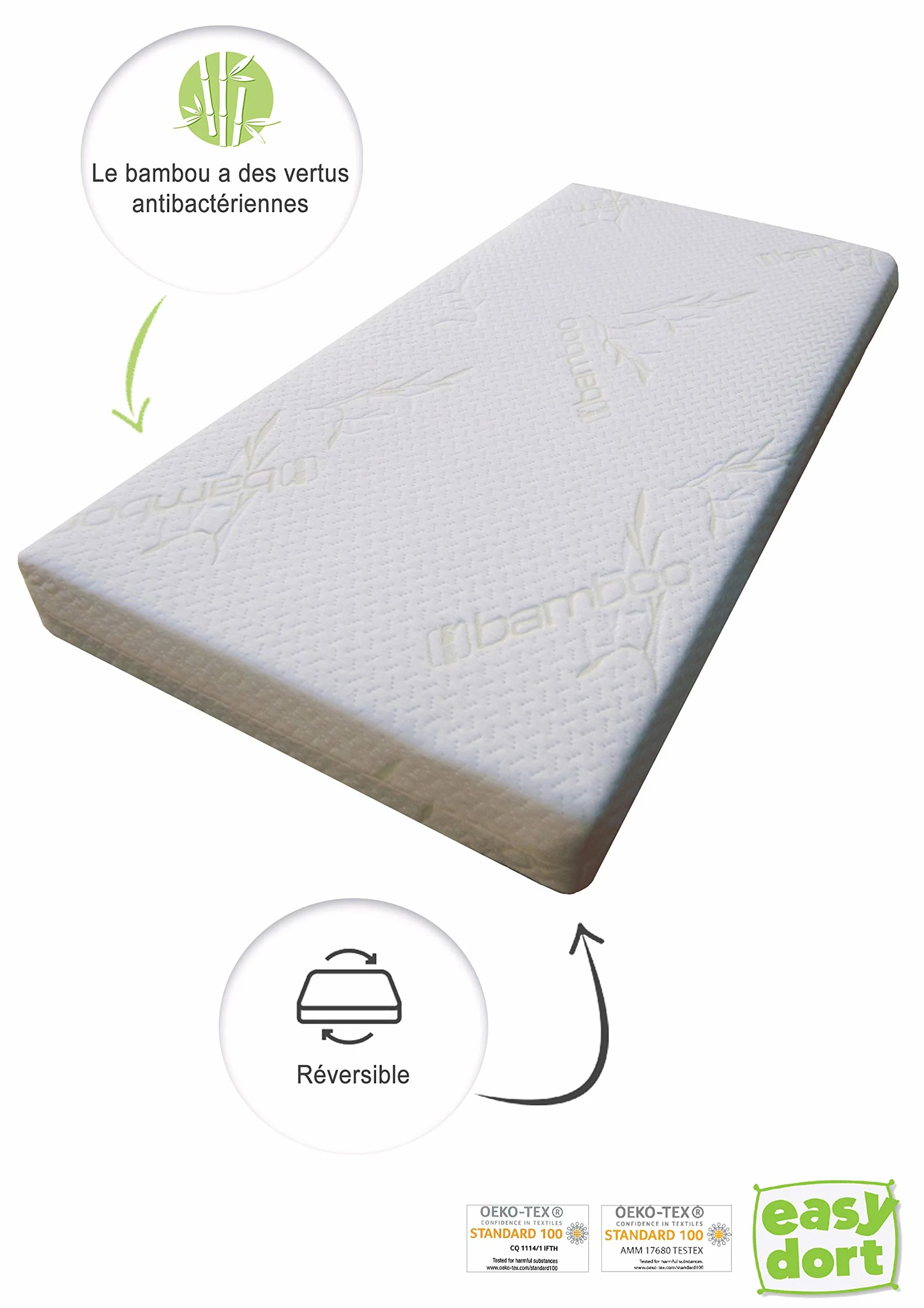 Easy Dort - Materac dziecięcy 50 x 100 cm - kołyska, gondola lub łóżeczko dziecięce - Pokrowiec bambusowy | Lato i zima | Dwustronny | Bardzo wygodny | Oeko tex® | Biały