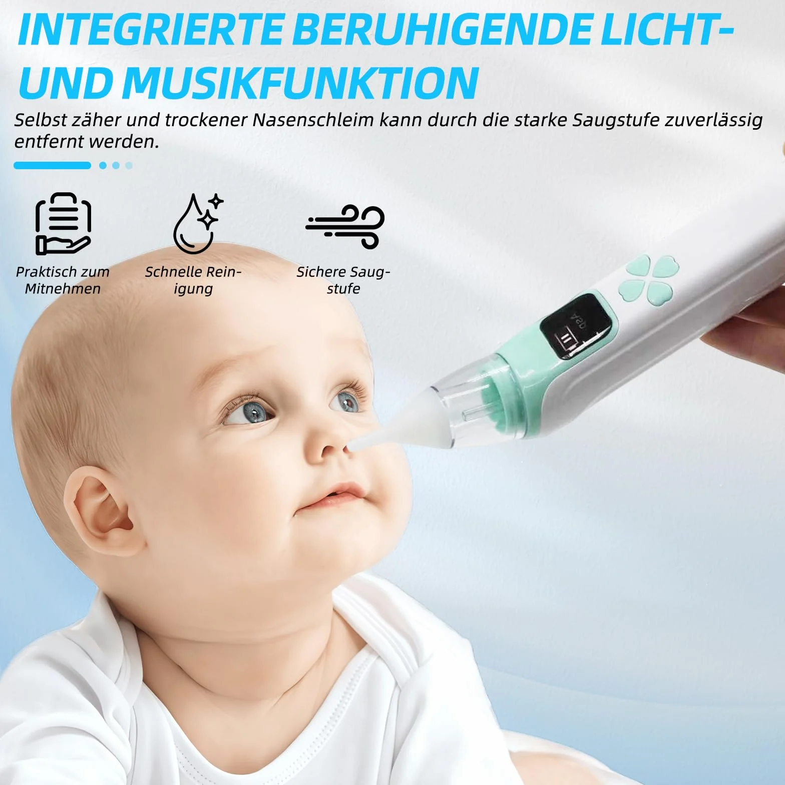Aspirator do nosa dla niemowląt, 3-stopniowa regulacja mocy ssania, 4 silikonowe głowice, funkcja muzyki i oświetlenia, odpowiedni dla noworodków, niemowląt i małych dzieci