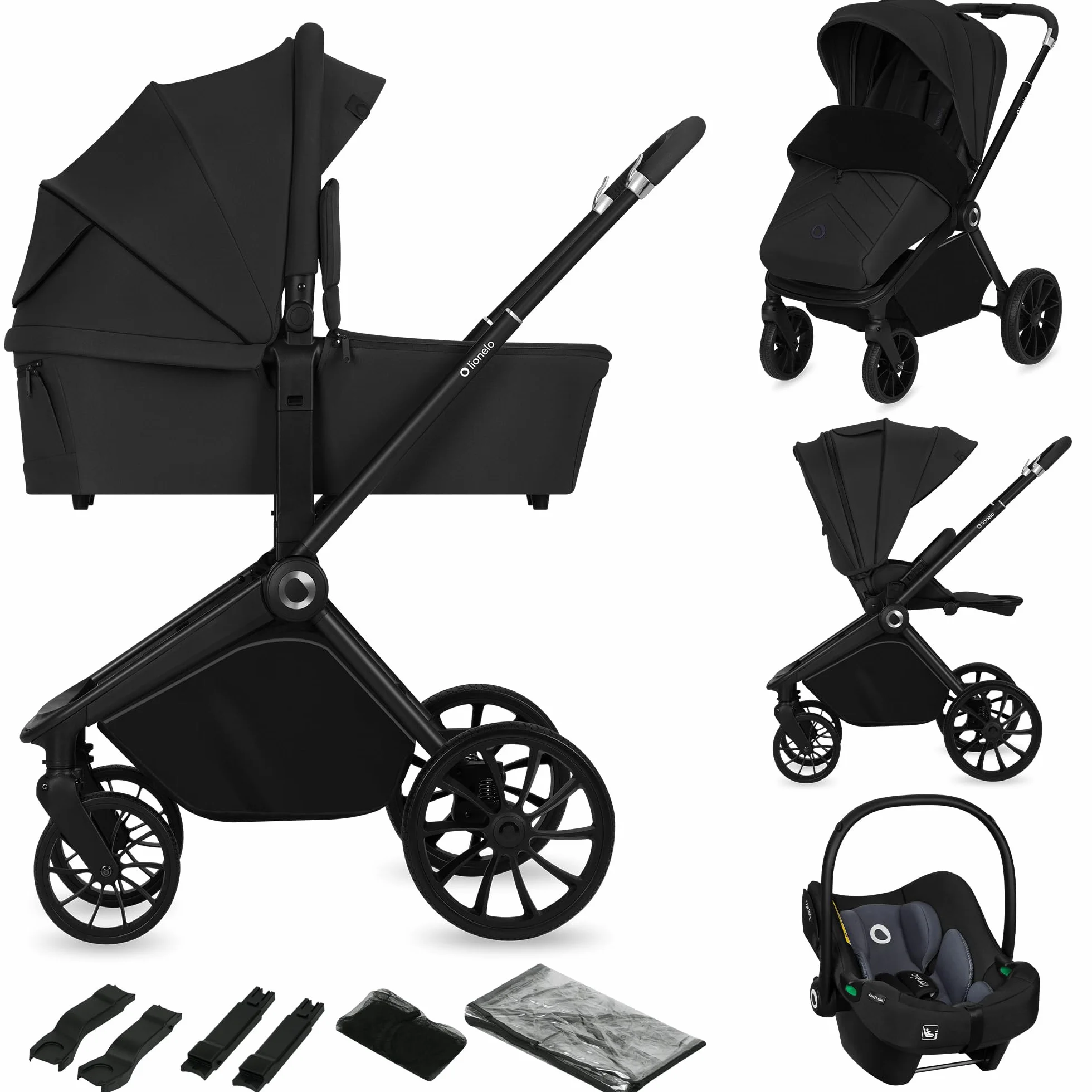 LIONELO MIKA PLUS 3 w 1 Wózek Spacerowy Dziecięcy 0-48 miesięcy do 22 kg Gondola do 9 kg Fotelik Samochodowy Nosidło do 13 kg, Regulacja Oparcia, Amortyzacja, Koła 360° Budka XXL (Czarny)