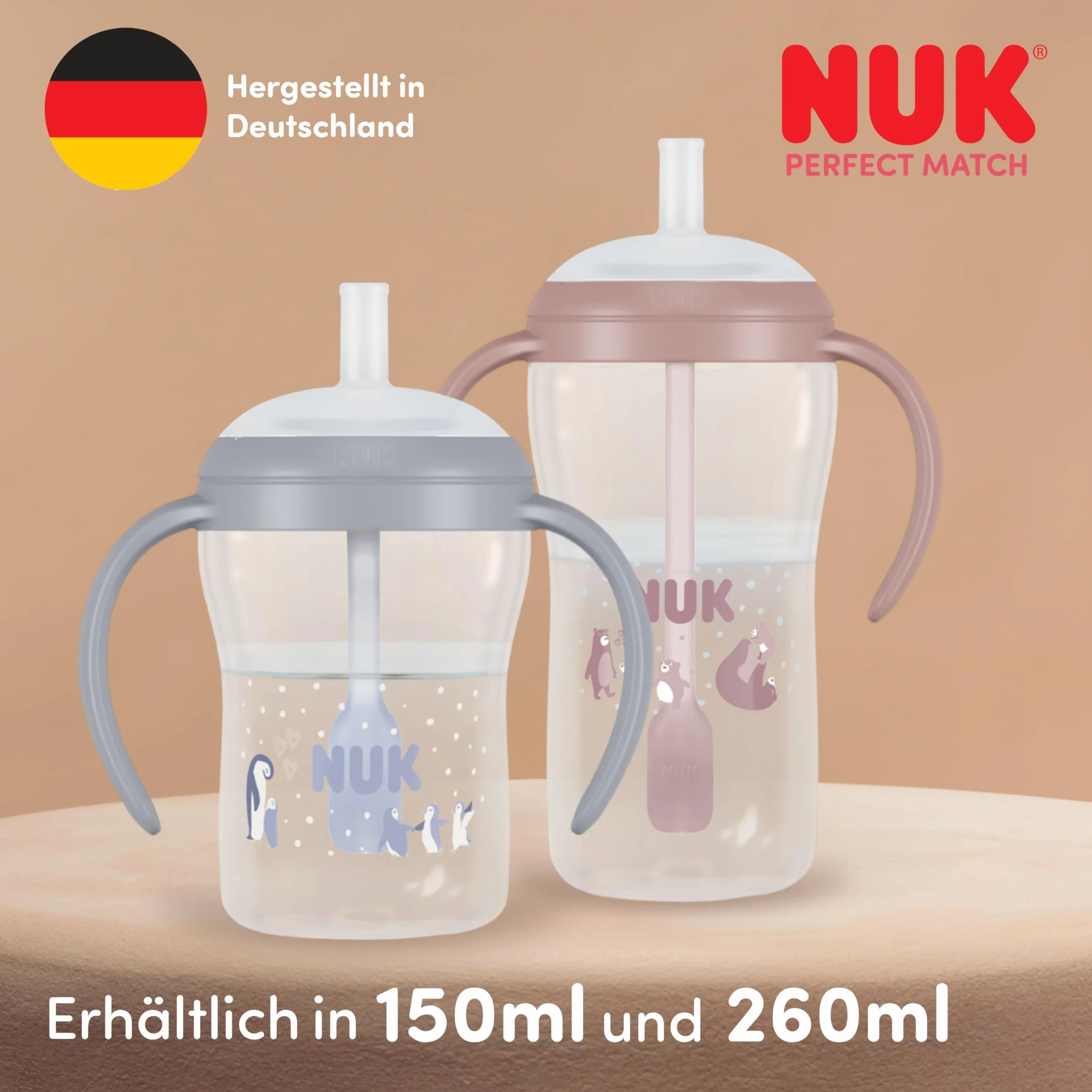 NUK Perfect Match Learner Butelka ze słomką | 8+ miesięcy | 150 ml | Nieprzeciekająca kubek ze słomką dla niemowląt | Antypoślizgowe uchwyty | Pingwin | 1 sztuka