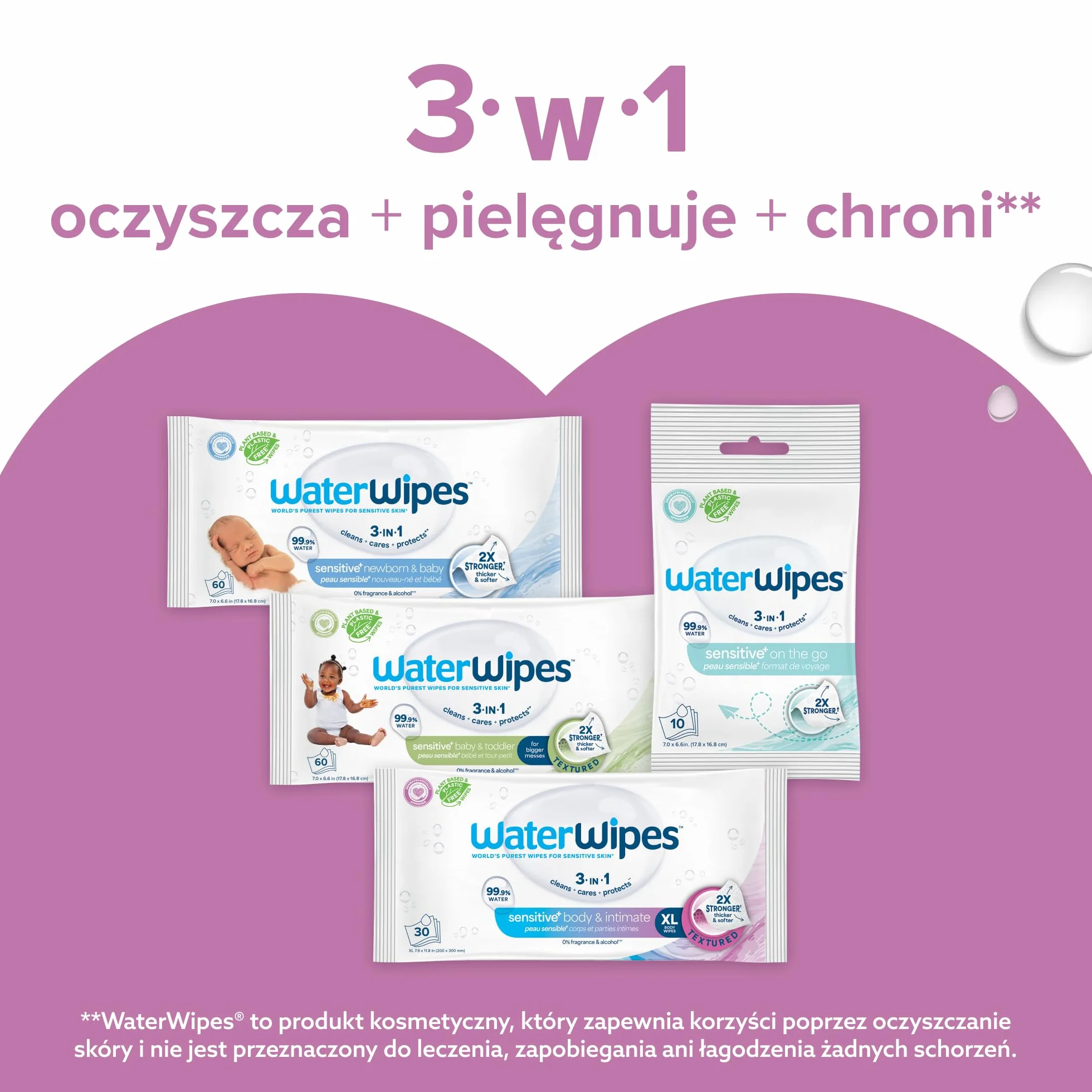 WaterWipes Sensitive+ Body & Intimate Wipes, Chusteczki nawilżające, 90 sztuk (opakowanie 3) – 3 w 1: delikatnie oczyszczają, pielęgnują i nawilżają. 99% wody z aloesem, bezzapachowe