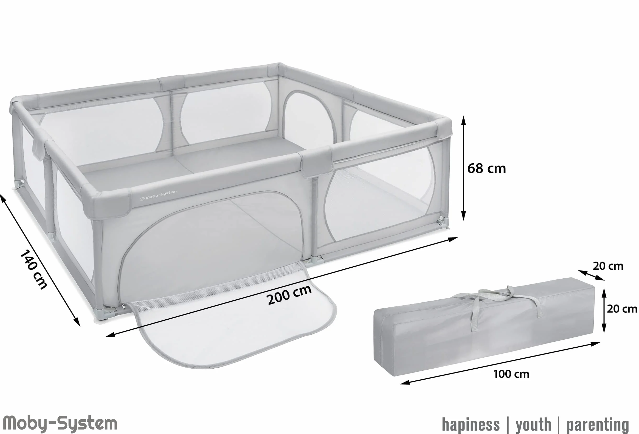Moby-System Kojec dla Niemowląt, Centrum Aktywności dla Dzieci, z Antypoślizgową Podstawą, Stabilny, Ochrona, Wodoszczelny, Torba Transportowa, 200 x 140 cm, Szary