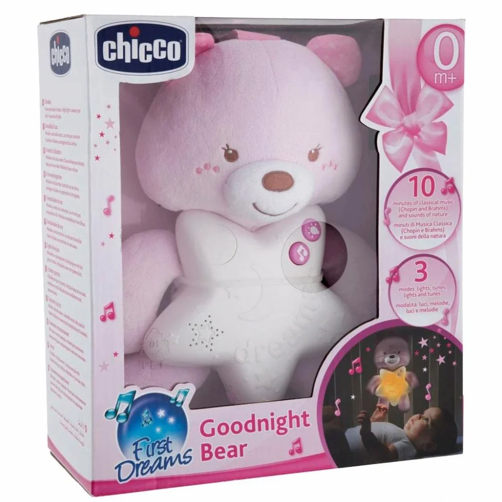 Chicco First Dreams Miś, do Zawieszenia na Łóżeczku, z Kojącymi Melodiami i Lampką Nocną, 0 m+, Różowy