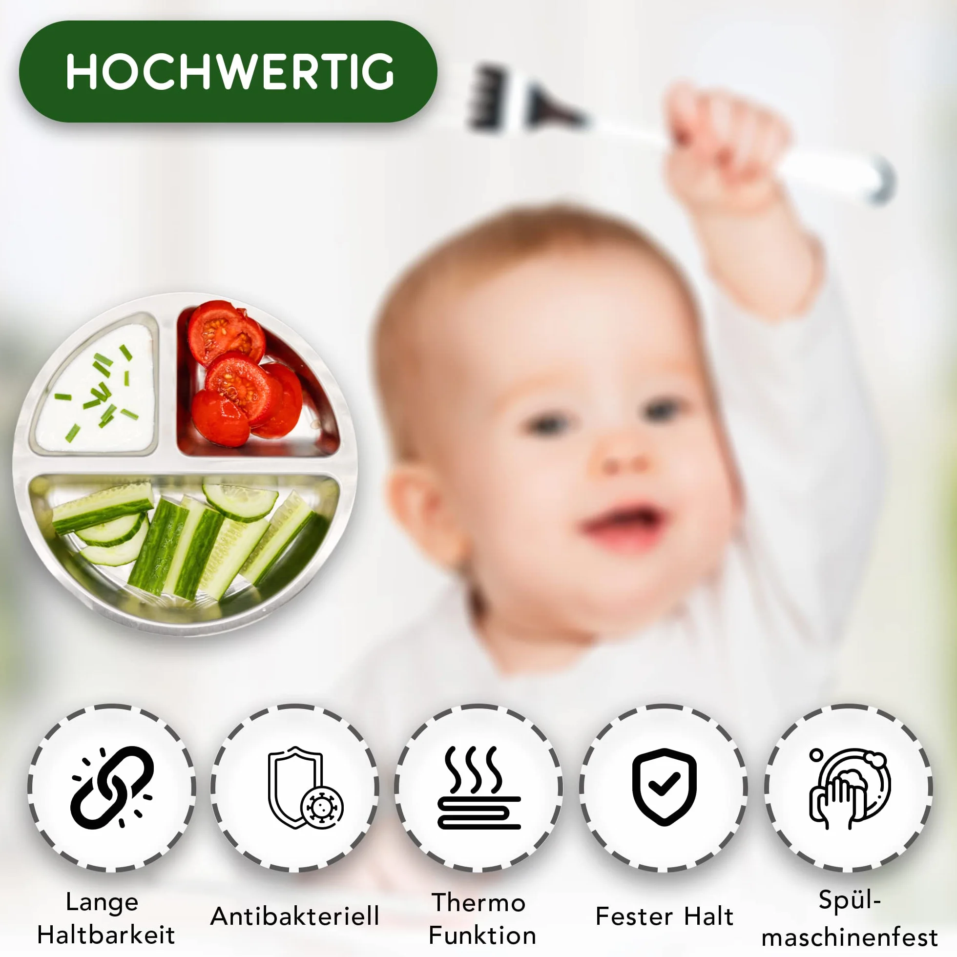 Rilli Talerz z przyssawką ze stali nierdzewnej, antypoślizgowa uprząż dla niemowląt, z przyssawką (szara)