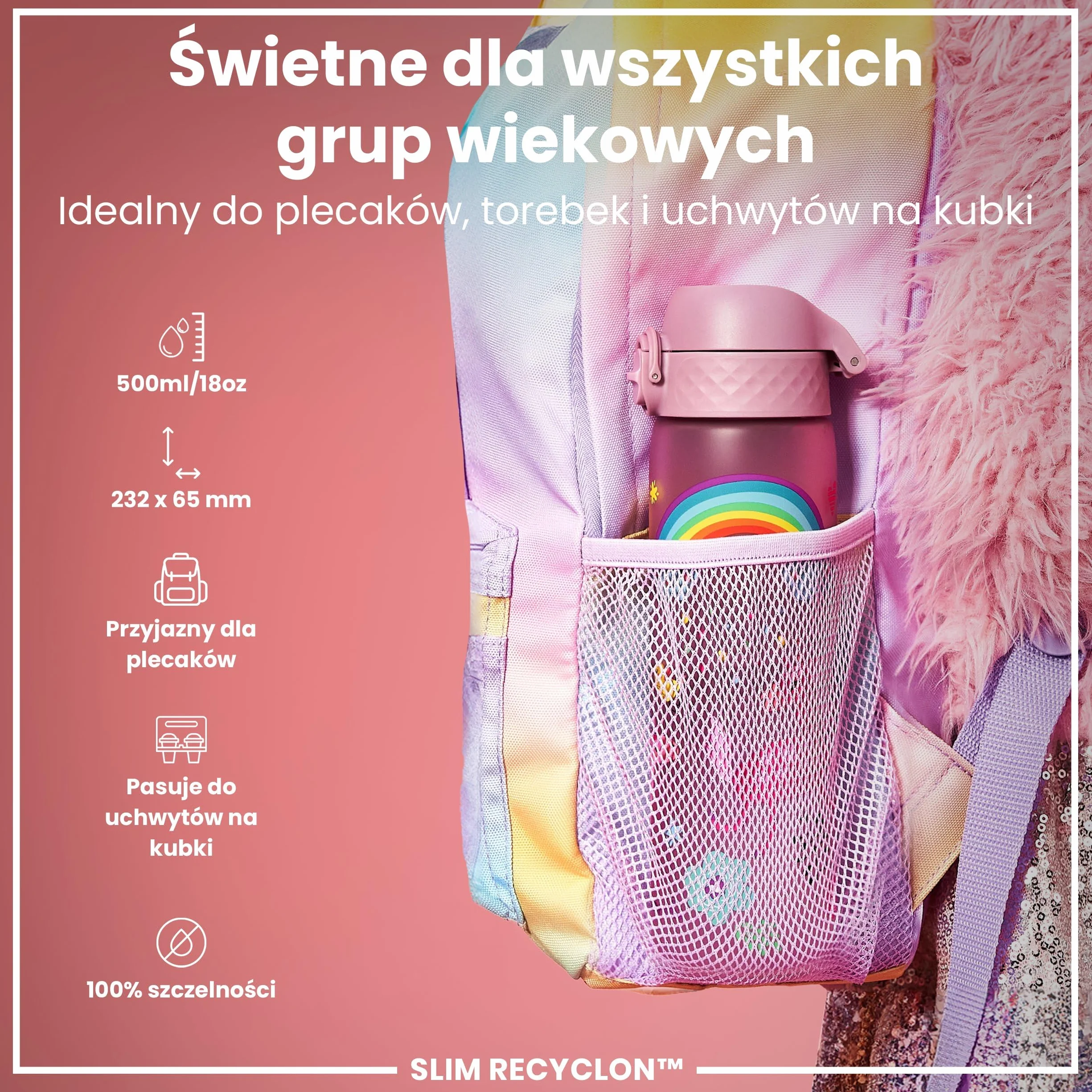 ION8 Butelka na Wodę, 500 ml/18 oz, Szczelna, Łatwe Otwieranie, Bezpieczny Zamek, Można Myć w Zmywarce, Bez BPA, Higieniczne Pokrycie, Uchwyt do Przenoszenia, Łatwa Czyszczenie, Liliowe Jednorożce