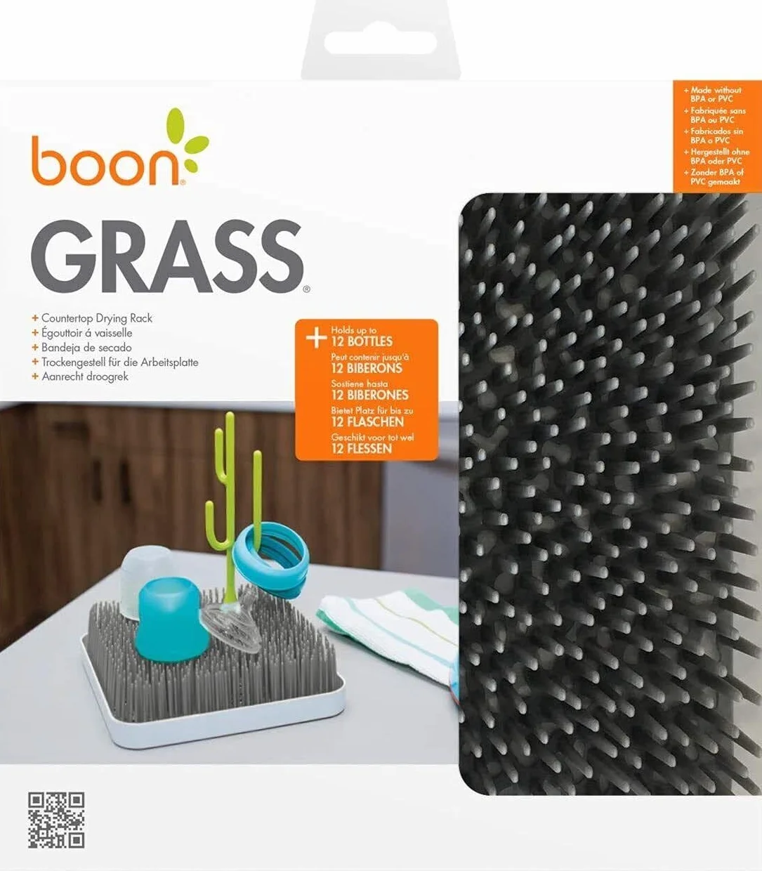 Boon Plastikowy stojak do suszenia z trawą, nowoczesny organizer na butelki dla niemowląt na blat, 24,8 x 25,1 x 7,6 cm - szary