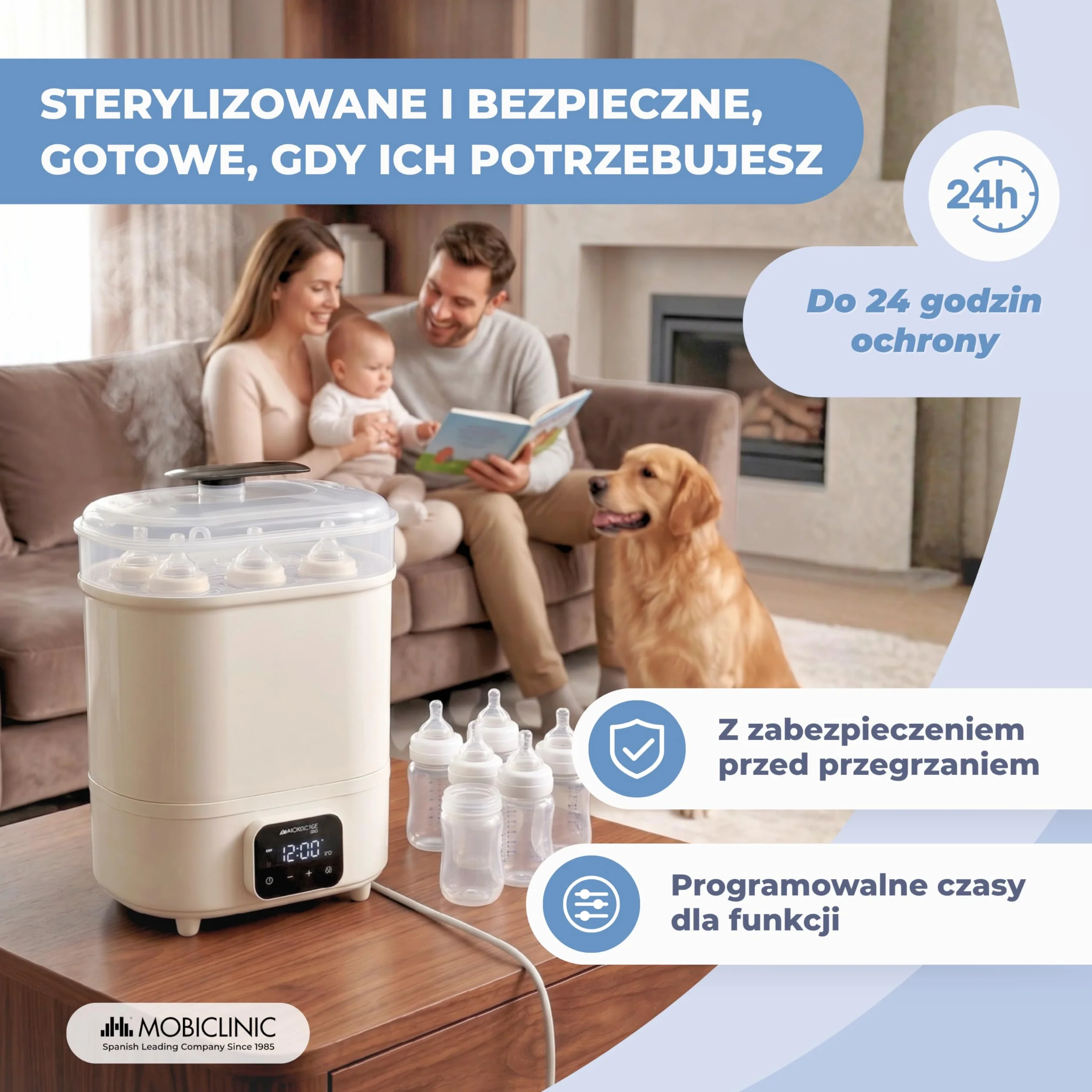 Mobiclinic®, Sterylizator do Butelek, 4 w 1, Tot 6 Flessen, Suszy, Utrzymuje Temperaturę, Tryb Automatyczny, Smoczków i Laktatorów, Ekran LCD, Kompaktowy, Mobibi