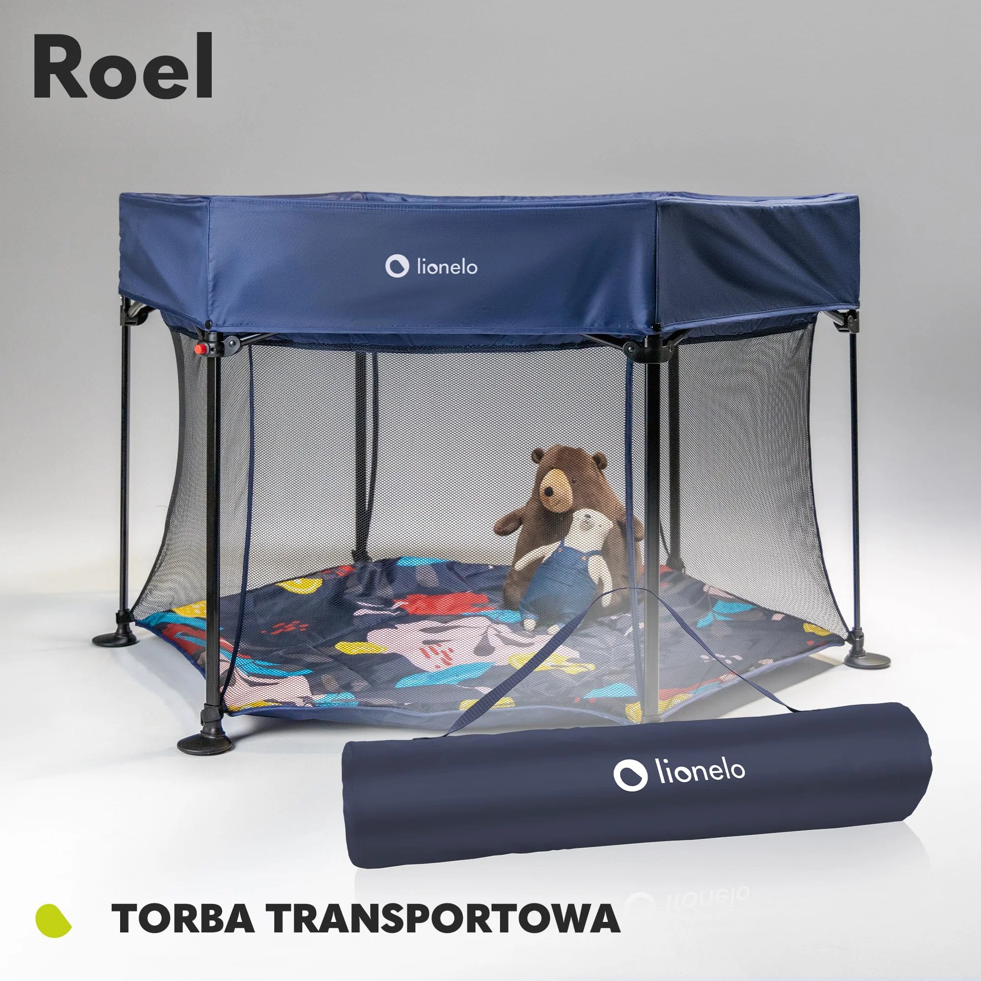 LIONELO Roel kojec dla dzieci do 15 kg, duży format 118 x 118 x 83 cm, sześciokątny kształt, LockGuard, zapięcie składane, wzmocniona podstawa, antypoślizgowe stopki, torba ochronna