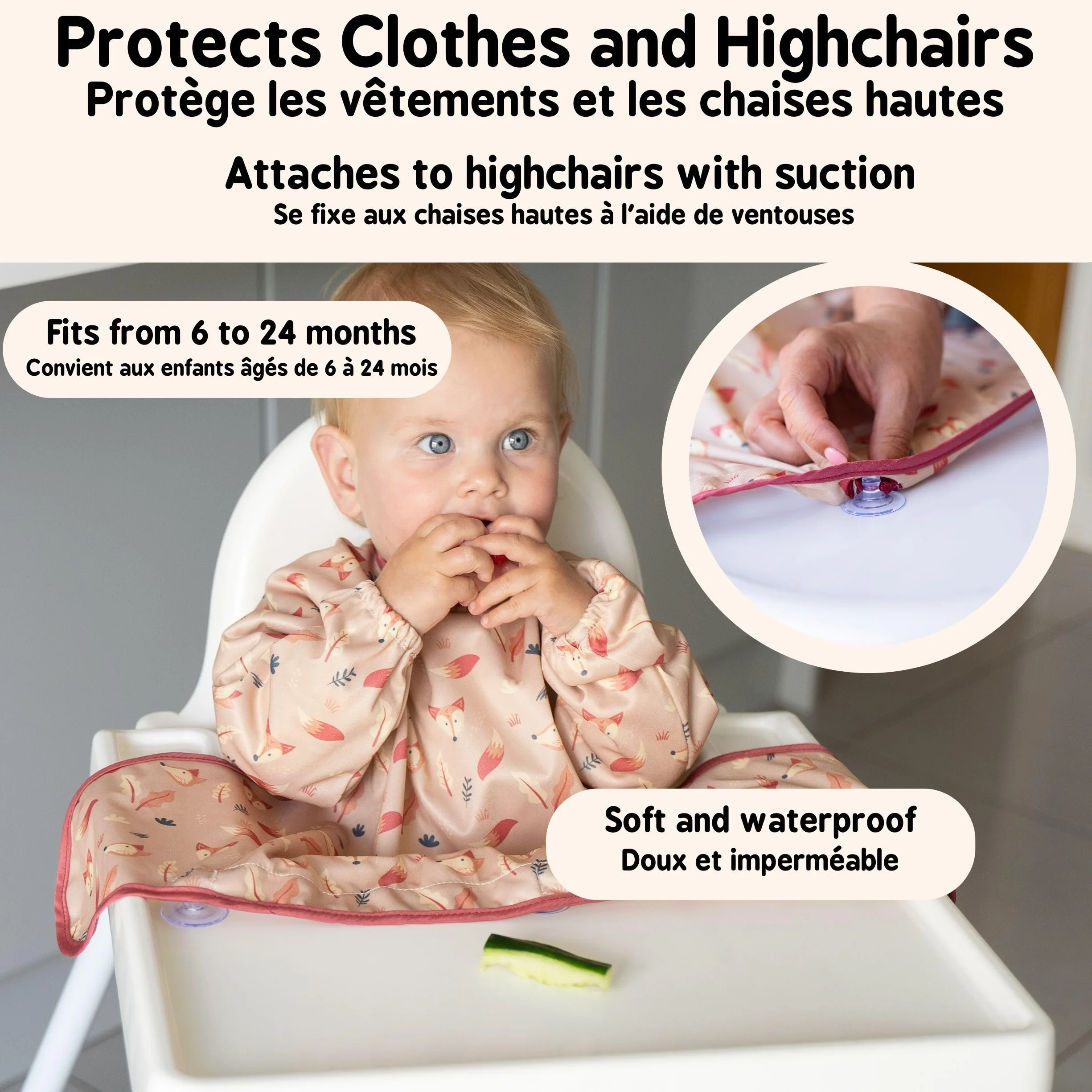 Tidy Tot®™ Cover & Catch™ śliniak do odstawienia od piersi z rękawami. Mocuje się do krzesełek z przyssawką, aby zapobiec bałaganowi karmienie dziecka. Wodoodporne śliniaki z długim rękawem. Śliniaki