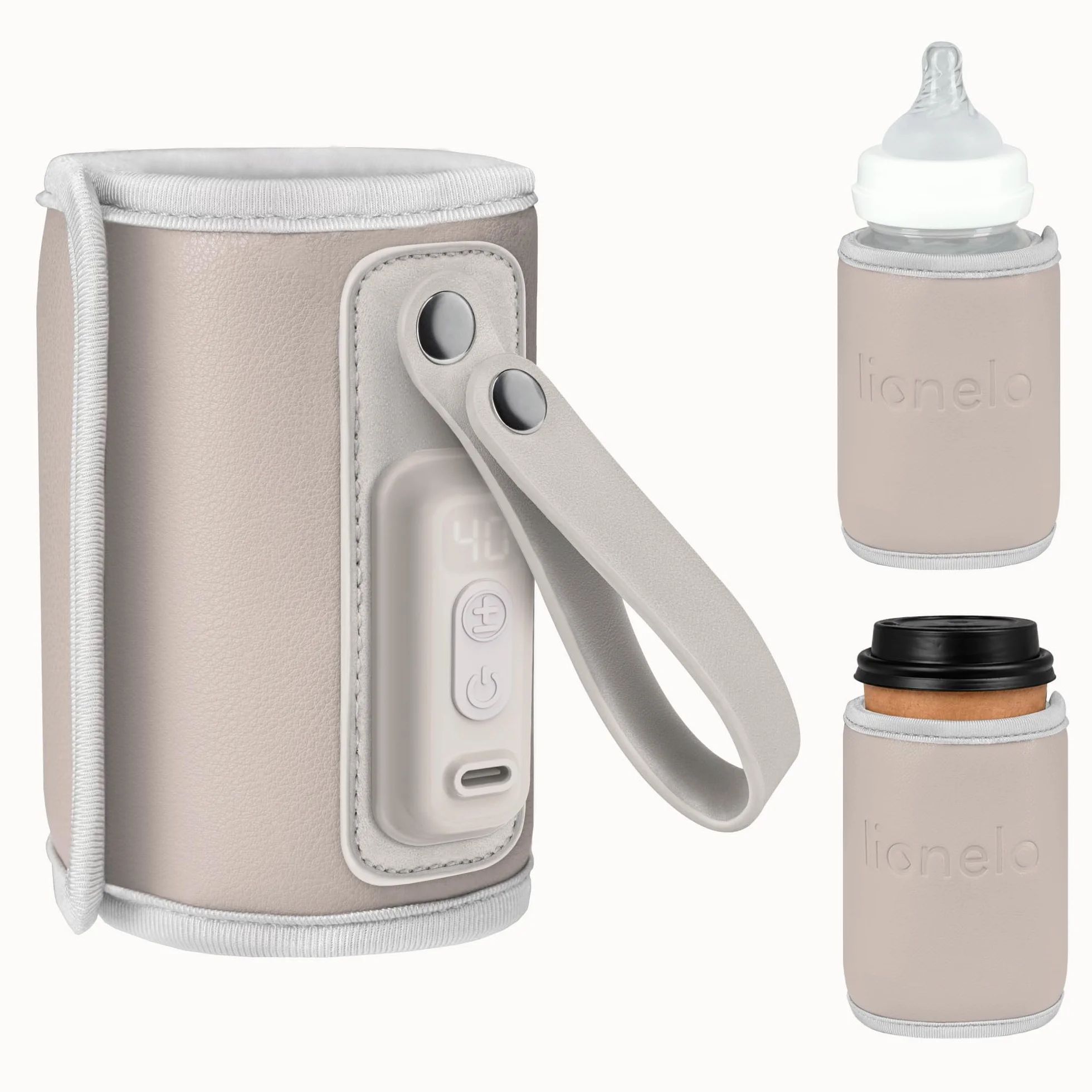 LIONELO Thermup Go przenośny podgrzewacz do butelek dla niemowląt, USB-C, podgrzewacz do butelek w podróży i w samochodzie, funkcja utrzymania ciepła 24 h, 5 poziomów temperatury 38-50°C, wyświetlacz