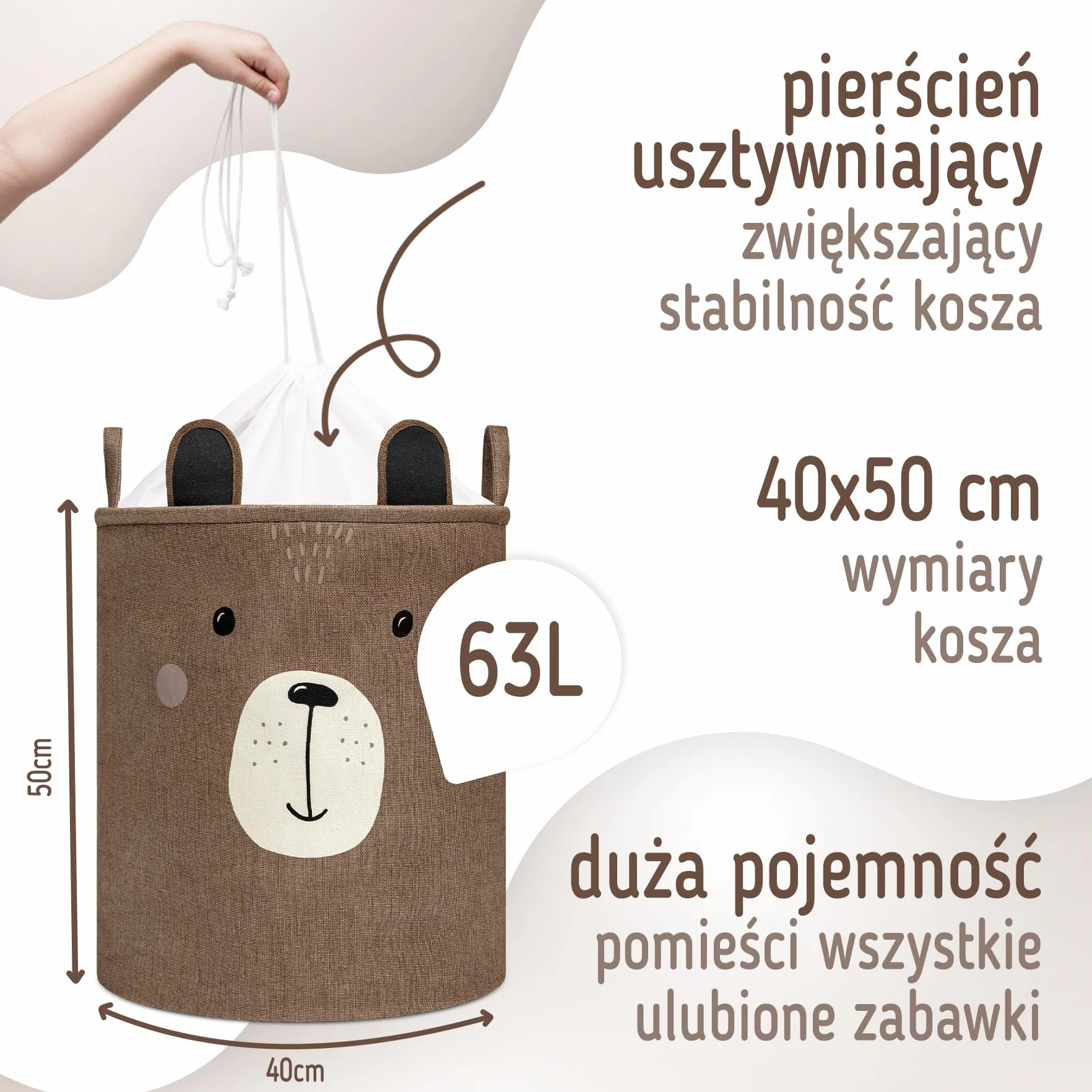 SIPO Kosz Do Przechowywania Na Zabawki Premium Duża Pojemność XXL 63L Brązowy Miś Składany Organizer Na Pluszaki Klocki Ze Ściągaczem Zamykany Uchwyty Do Przenoszenia Skandynawski Wygląd