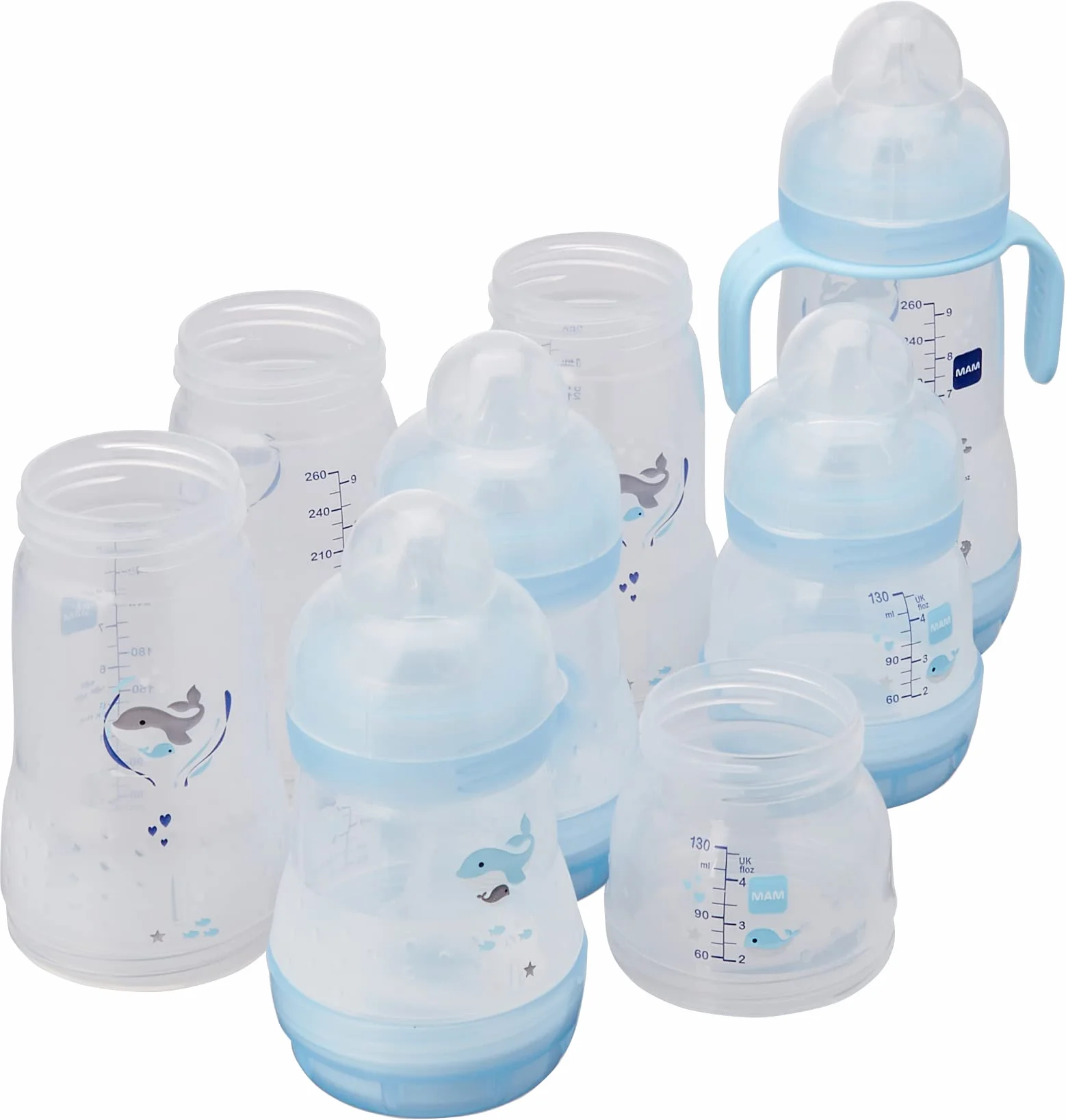 MAM Zestaw 8 butelek z silikonowym smoczkiem Skinsoft Easy Start Easy Start, 1 smoczek Nanò, 1 bardzo miękki wylewka i uchwyty, jasnoniebieski
