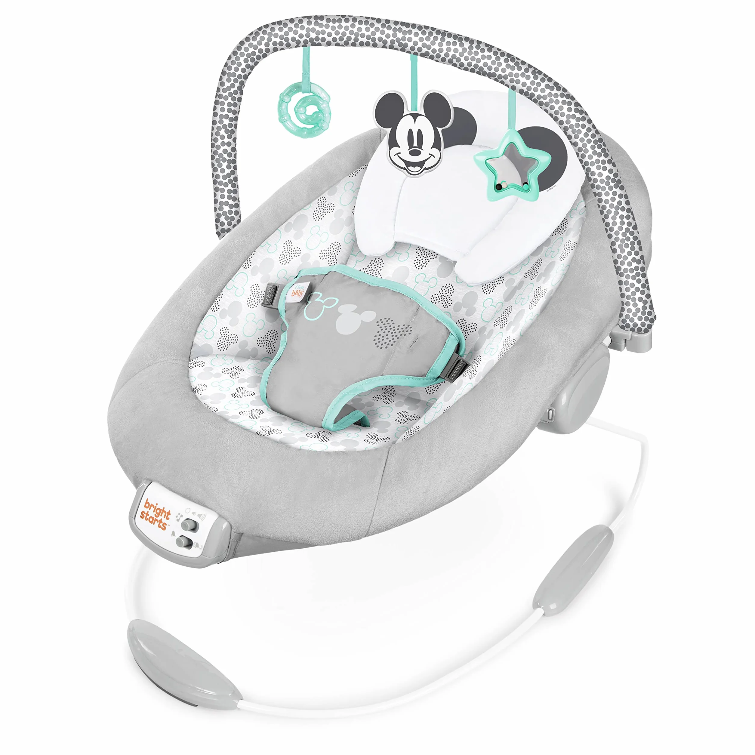 Bright Starts, Disney Baby Micky Huśtawka dla niemowląt z uspokajającymi wibracjami, melodiami, zdejmowanym łukiem do zabawy, 3 wiszące zabawki i wiele więcej