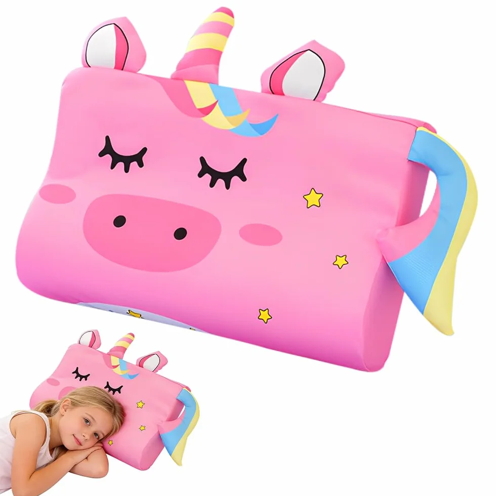 Poduszka dla dzieci, 45 x 27 x 6 cm, z poszewką, poduszka z pianki z pamięcią kształtu, ergonomiczna, oddychająca poduszka do spania dla dziecka 3 lata (lis, jednorożec) (jednorożec) (różowy))