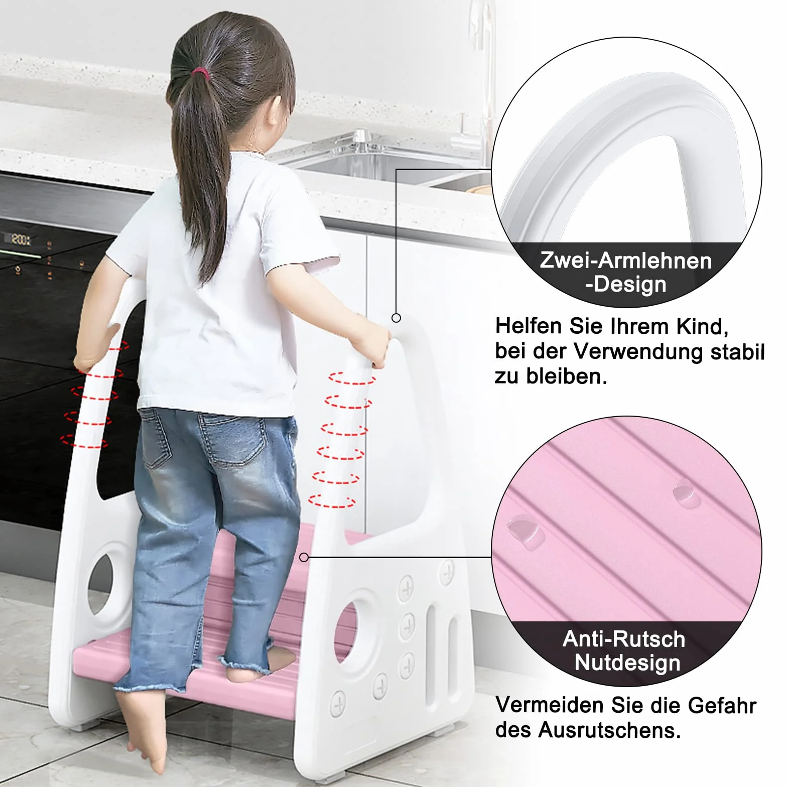 UISEBRT Taboret dla dzieci, 2 poziomy, stołek dziecięcy, dla małych dzieci, wieża do nauki, antypoślizgowa, z tworzywa sztucznego, do łazienki, sypialni, kuchni, pokoju dziecięcego, różowy
