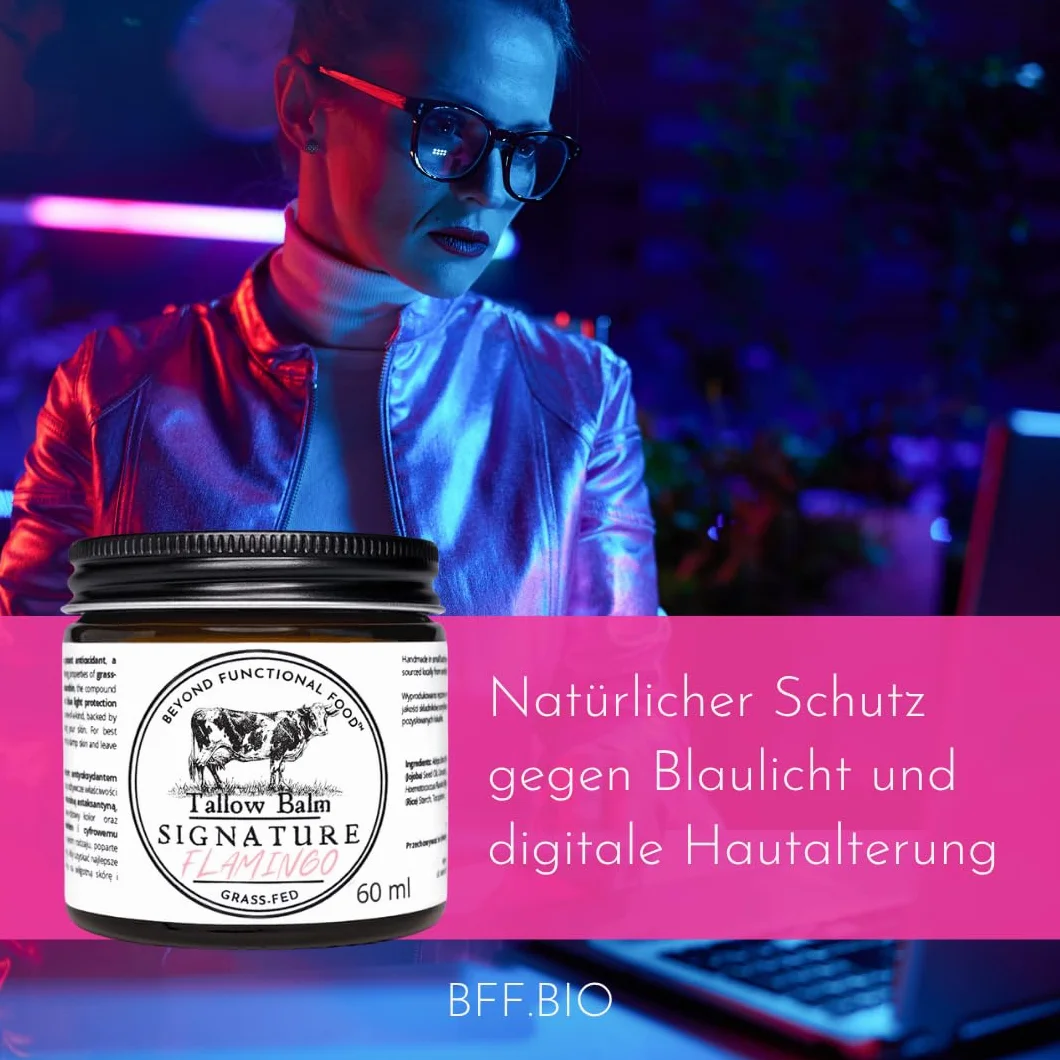 Flamingo Beef Tallow Balm - Balsam z łojem wołowym przeciw cyfrowemu starzeniu - Krem z astaksantyną i antyoksydantami - Ochrona przed niebieskim światłem - 60 ml
