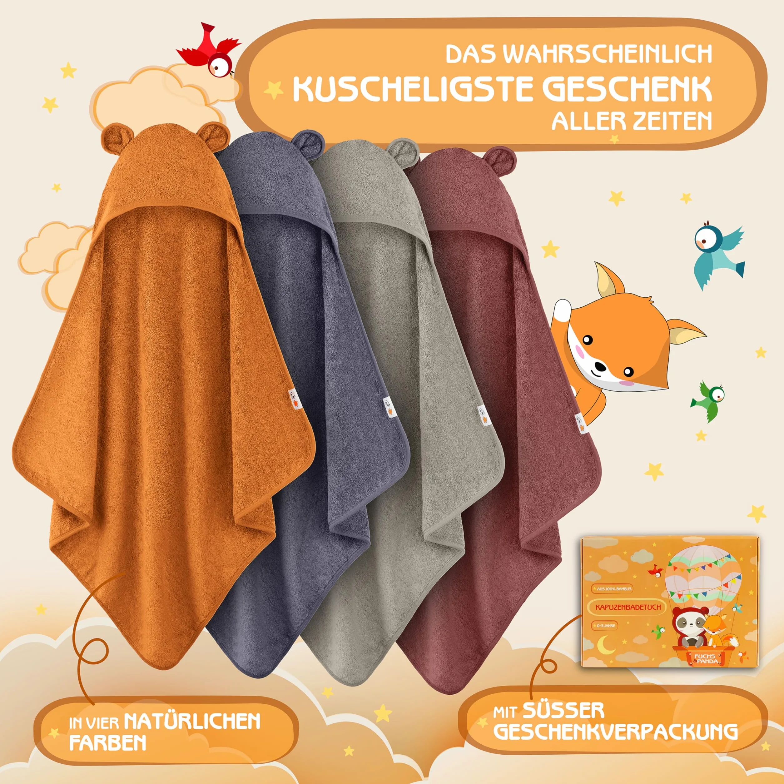 Fuchs & Panda ręcznik z kapturem dla dzieci, bardzo gruby, ciepły i miękki, 75 x 75 cm, 100% bambus, z doskonałym opakowaniem prezentowym (gliniany brąz)