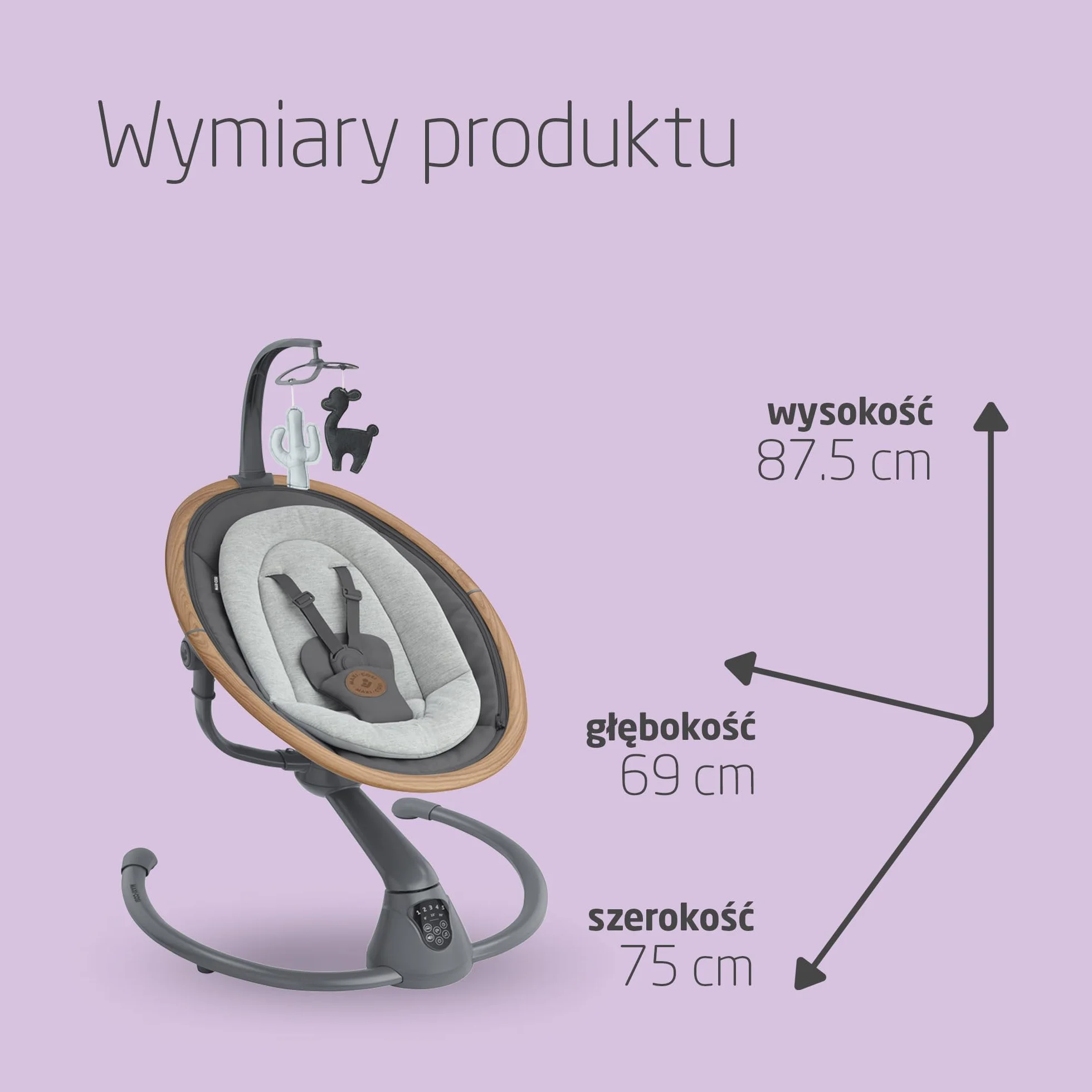 Maxi-Cosi Cassia Huśtawka Elektryczna Dla Niemowląt, 0–6 mies., maks. 9 kg, bujaczek leżaczek, 12 melodii, obrac. siedziska 360°, Autowykryw. ruchu, 5 prędk., 2 poz. odchylenia, Essential Graphite