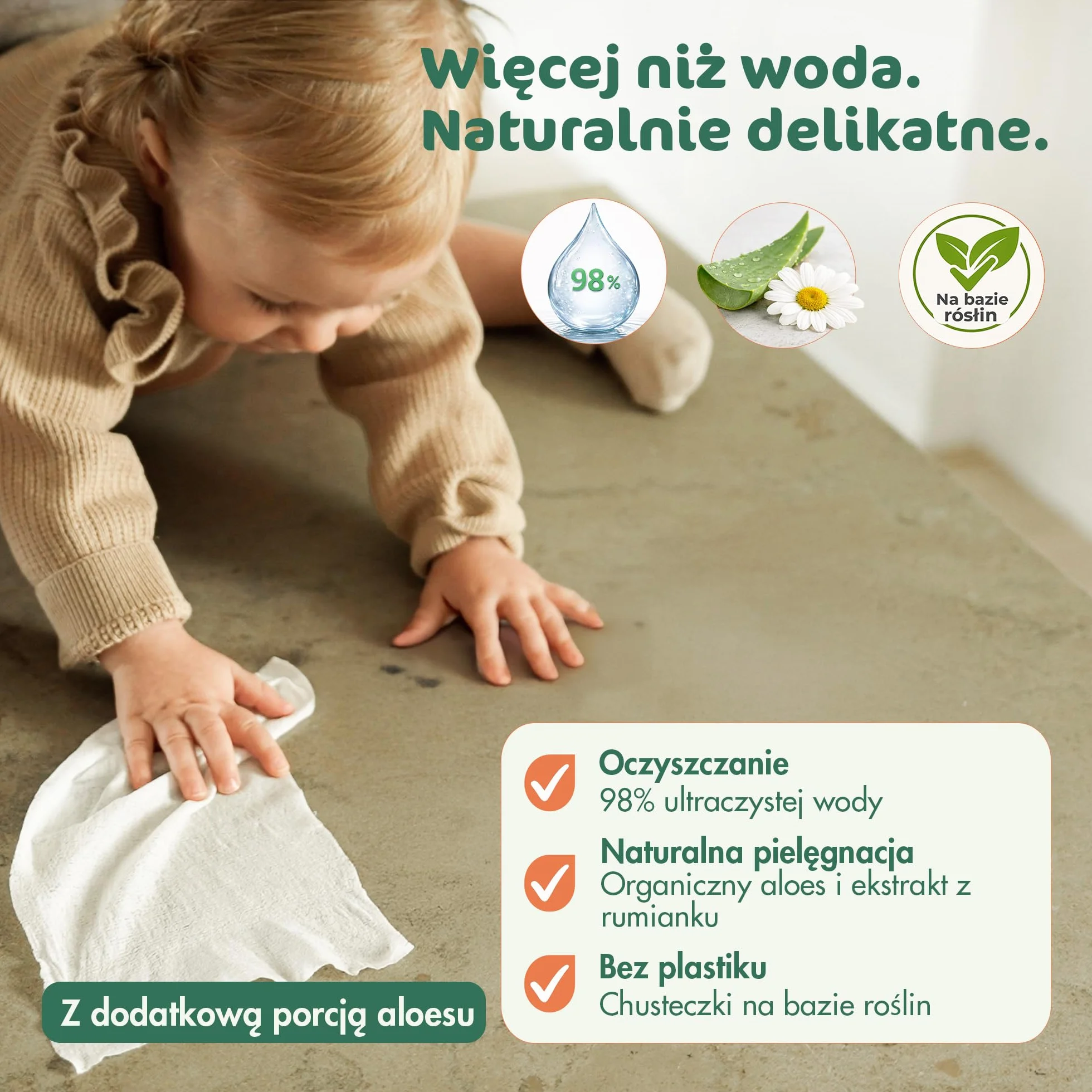 Naty Chusteczki dla Niemowląt Aloe | 98% Wody, Hipoalergiczne & Naturalne dla Wrażliwej Skóry | Bez Zapachu, Roślinne | Delikatne Chusteczki Noworodek & Małe Dziecko | 672 sztuk (12 op.)