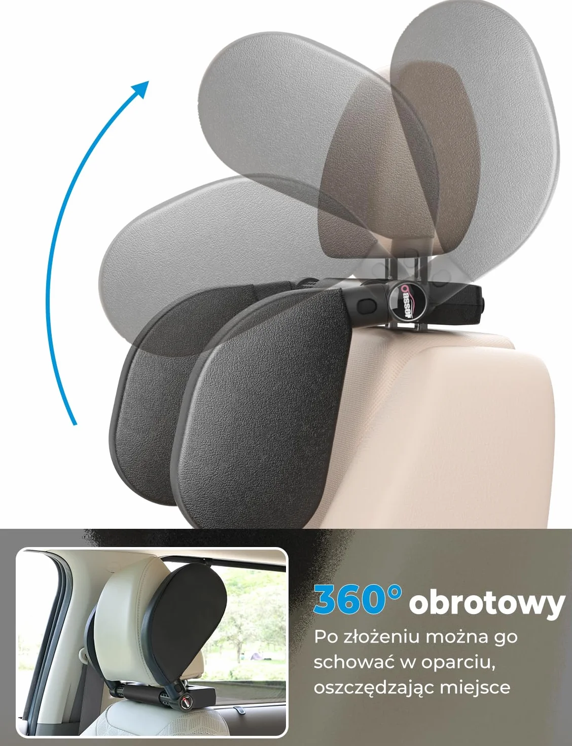 Oasser Zagłówek Samochodowy Premium - Skóra PU Zdejmowana, Regulacja 180°, Szerokość 14-28 cm, Łatwe Czyszczenie, Bez Zapachu, do Spania w Podróży, Czarny