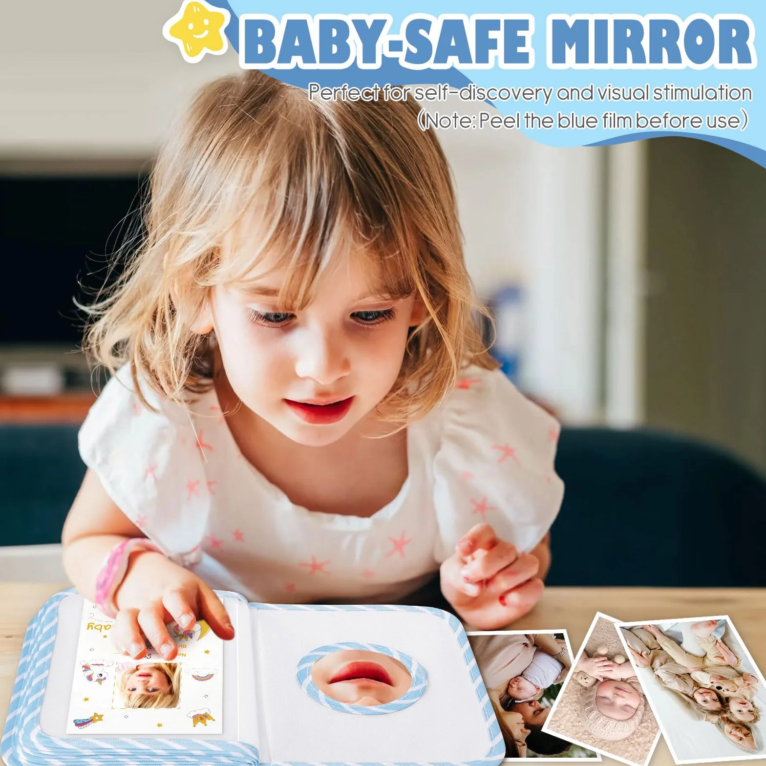 Lanpn Album na zdjęcia zawiera 17 zdjęć 10x15cm, Album Fotograficzny My First Miękka Książka Rodzinna z naklejkami na kartę z imieniem prezent na baby shower dzieci noworodki (Jednorożec, Niebieski)