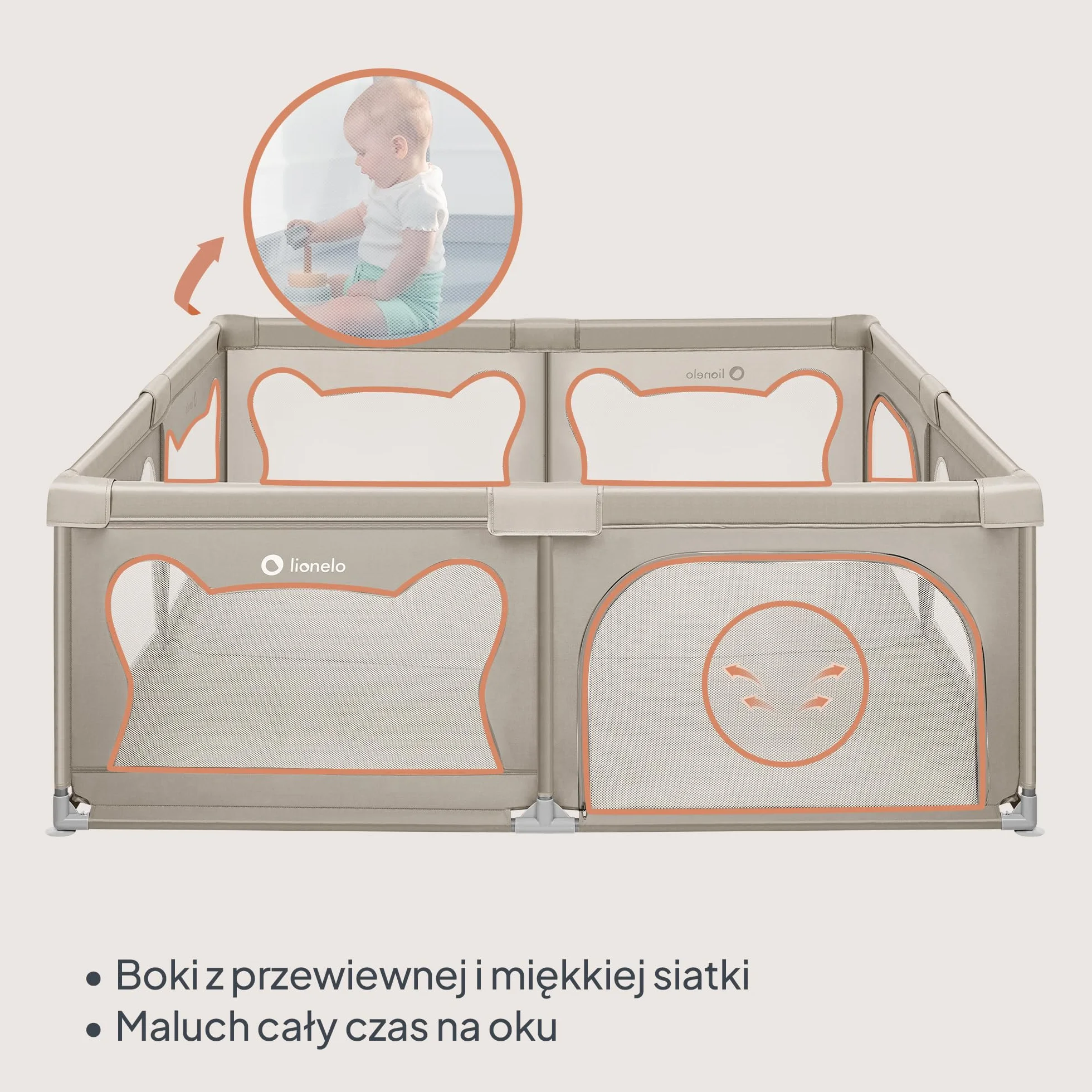 LIONELO WILLOW XL Składany Kojec dla Dziecka, od 0-48 miesięcy, Duża Przestrzeń 187 cm x 207 cm x 68 cm, Kojec dla Niemowląt z Oddychającą Siatką, 2 Boczne Wejścia na Zamek (Beżowy)