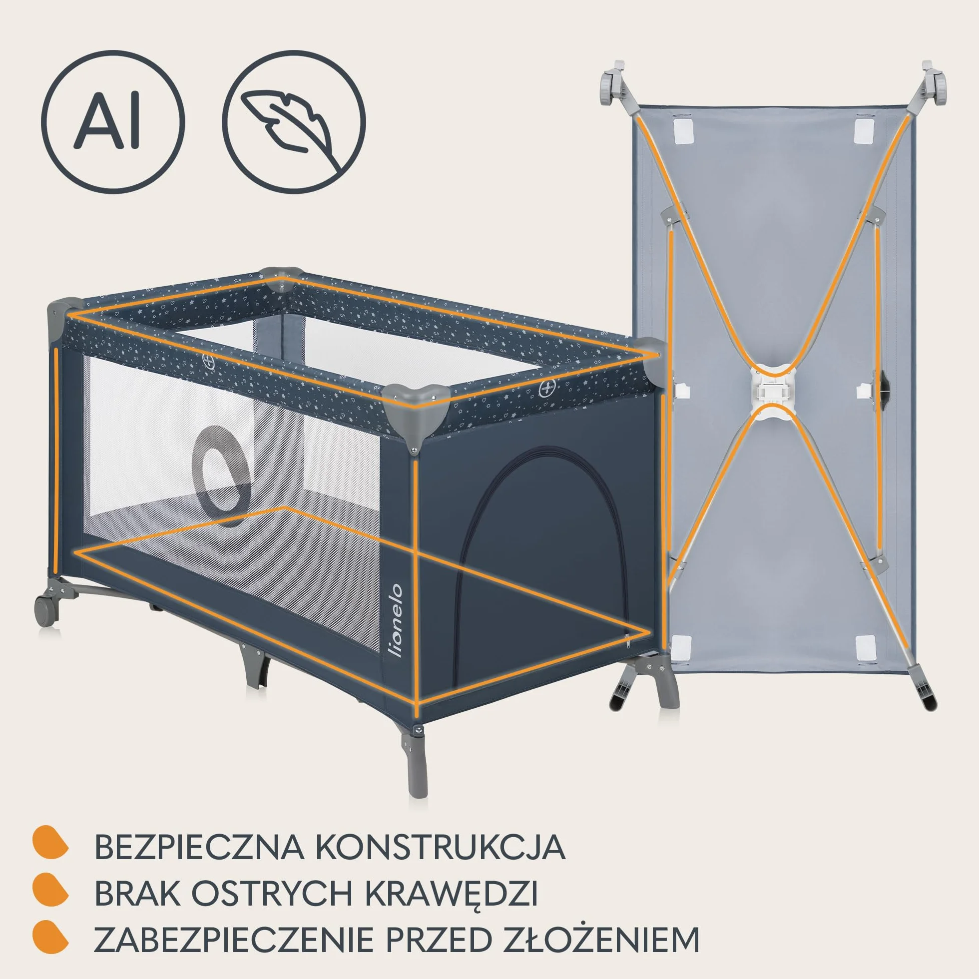 Lionelo Stefi 2 w 1 łóżeczko turystyczne, łóżko dziecięce z przewijakiem, przewiewne ścianki, system LockGuard, łóżeczko przenośne do 15 kg, składane, torba transportowa