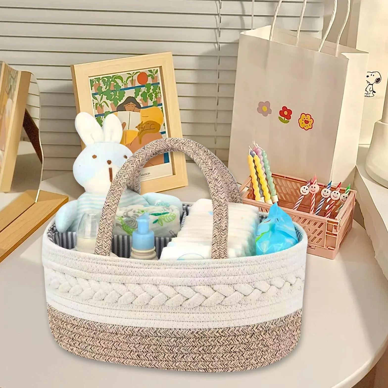 Caddy organizer na pieluchy dla niemowląt, organizer na pieluchy z przegródkami i uchwytami, wielofunkcyjne pudełko do przechowywania pieluch, przenośny kosz do przechowywania dla noworodków
