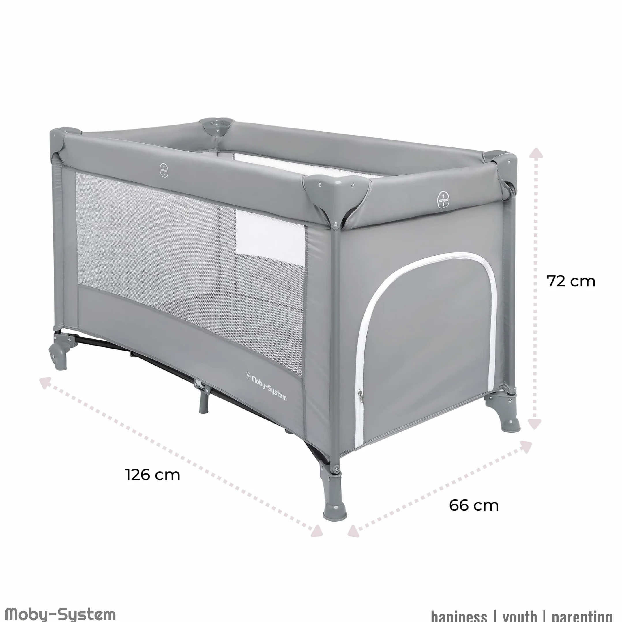 Moby-System Łóżeczko dla Dziecka Turystyczne, Łóżeczko z Funkcją Kojca z Kółkami, Torba Transportowa, Obciążenie do 15 KG, System Zabezpieczający przed Złożeniem, Szare