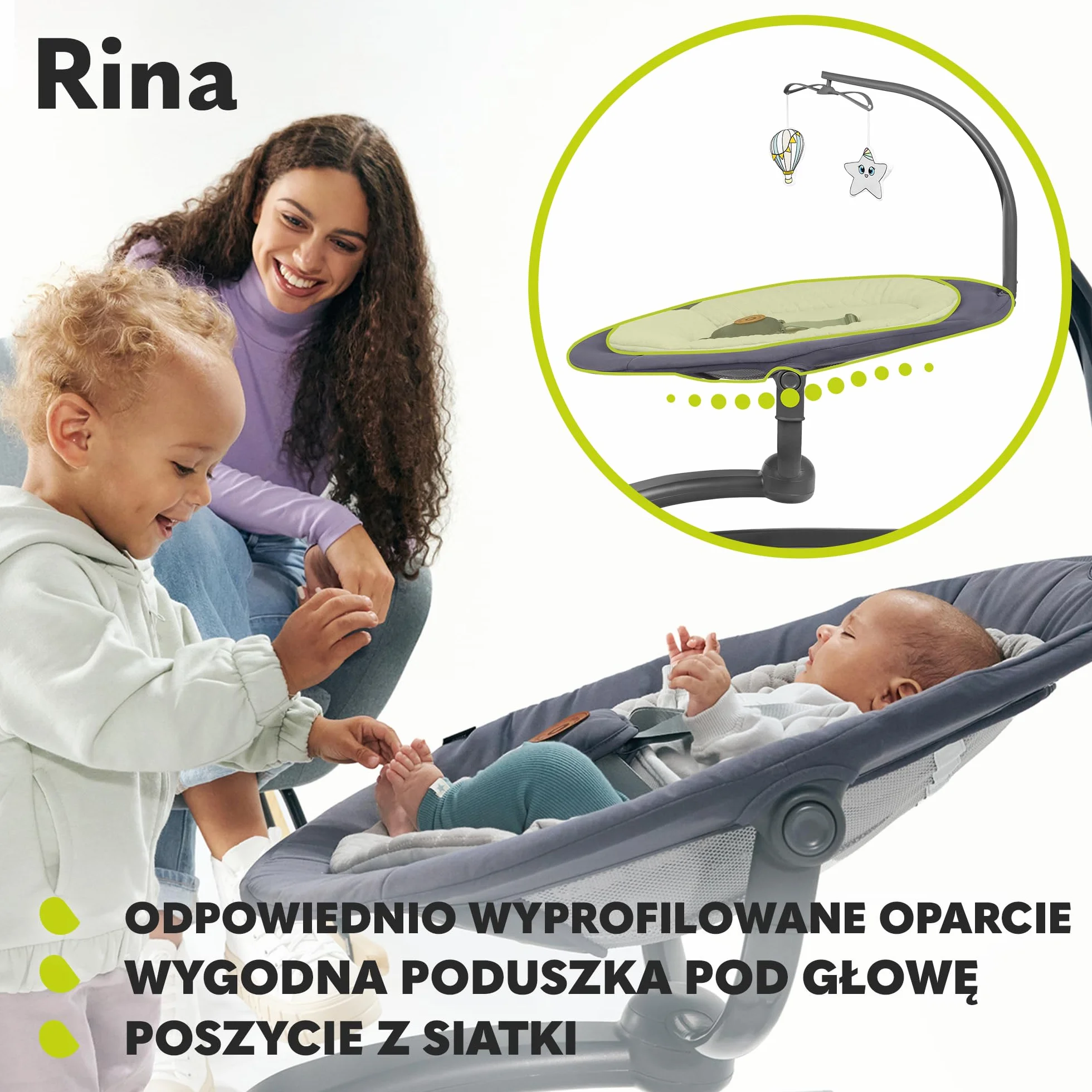 LIONELO Rina bujaczek i leżak 2w1, pilot, obrotowe siedzisko 360°, dwa kierunki bujania, 5 prędkości bujania, blokada, regulacja oparcia, timer, 12 melodii