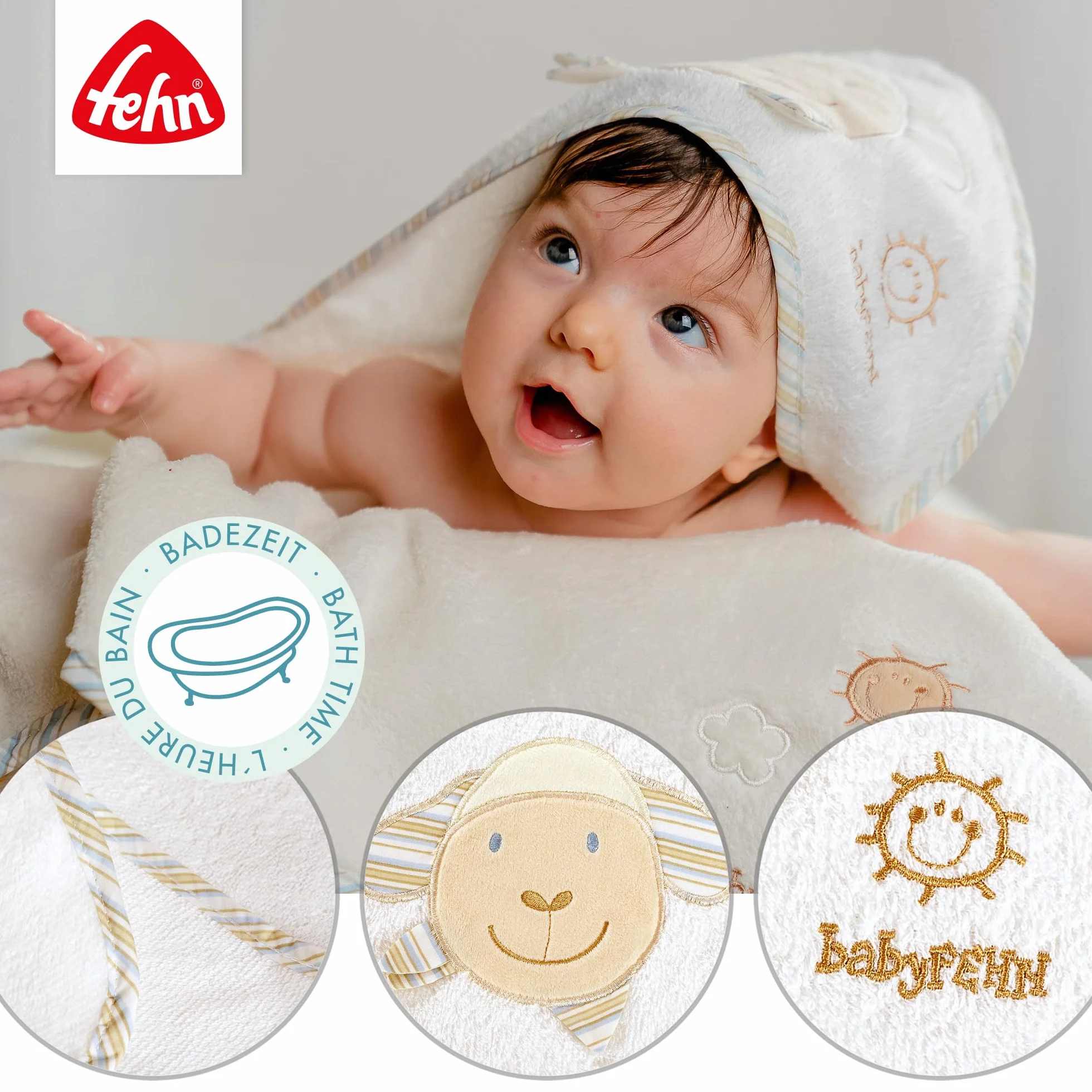 Fehn 397086 Ręcznik Kąpielowy Z Kapturem Babylove Dla Niemowląt Od 0 Miesięcy, 80 X 80 cm, Beżowy, Owca